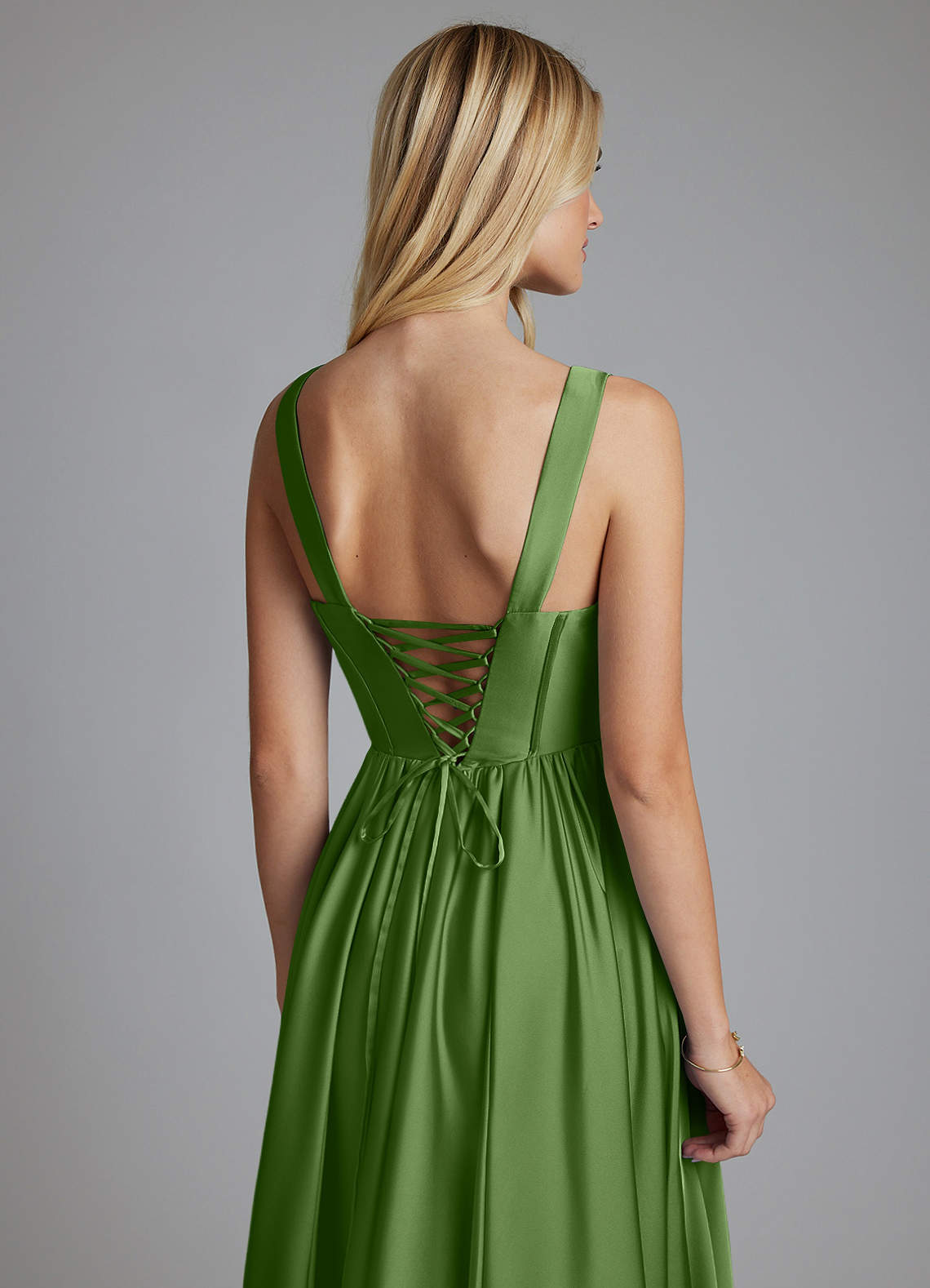 Delmie A-Line V-Neck Stretch Satin Bridesmaid Dress in Basil