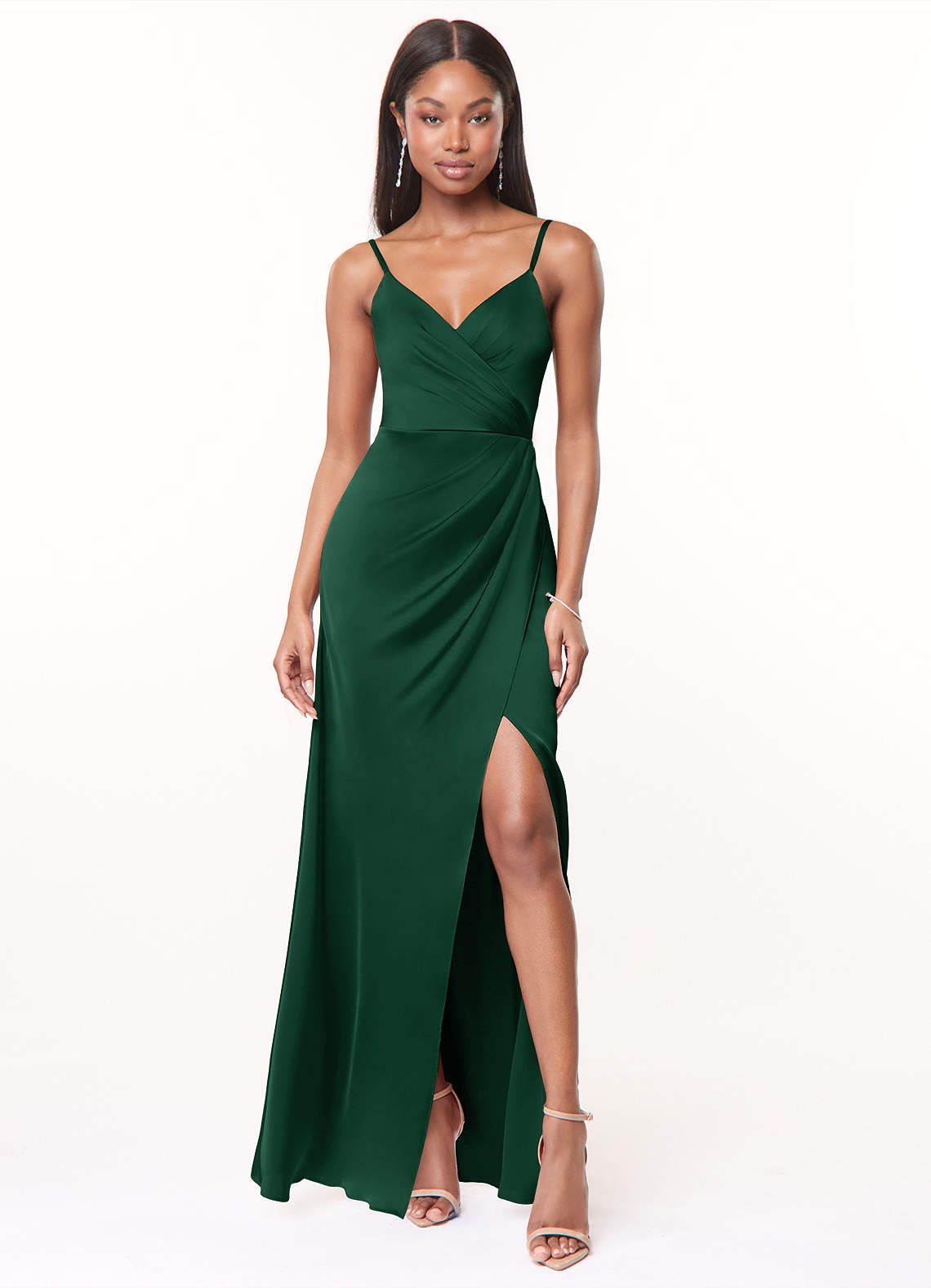 Maci A-Line V-Neck Stretch Satin Bridesmaid Dress in Dark Green
