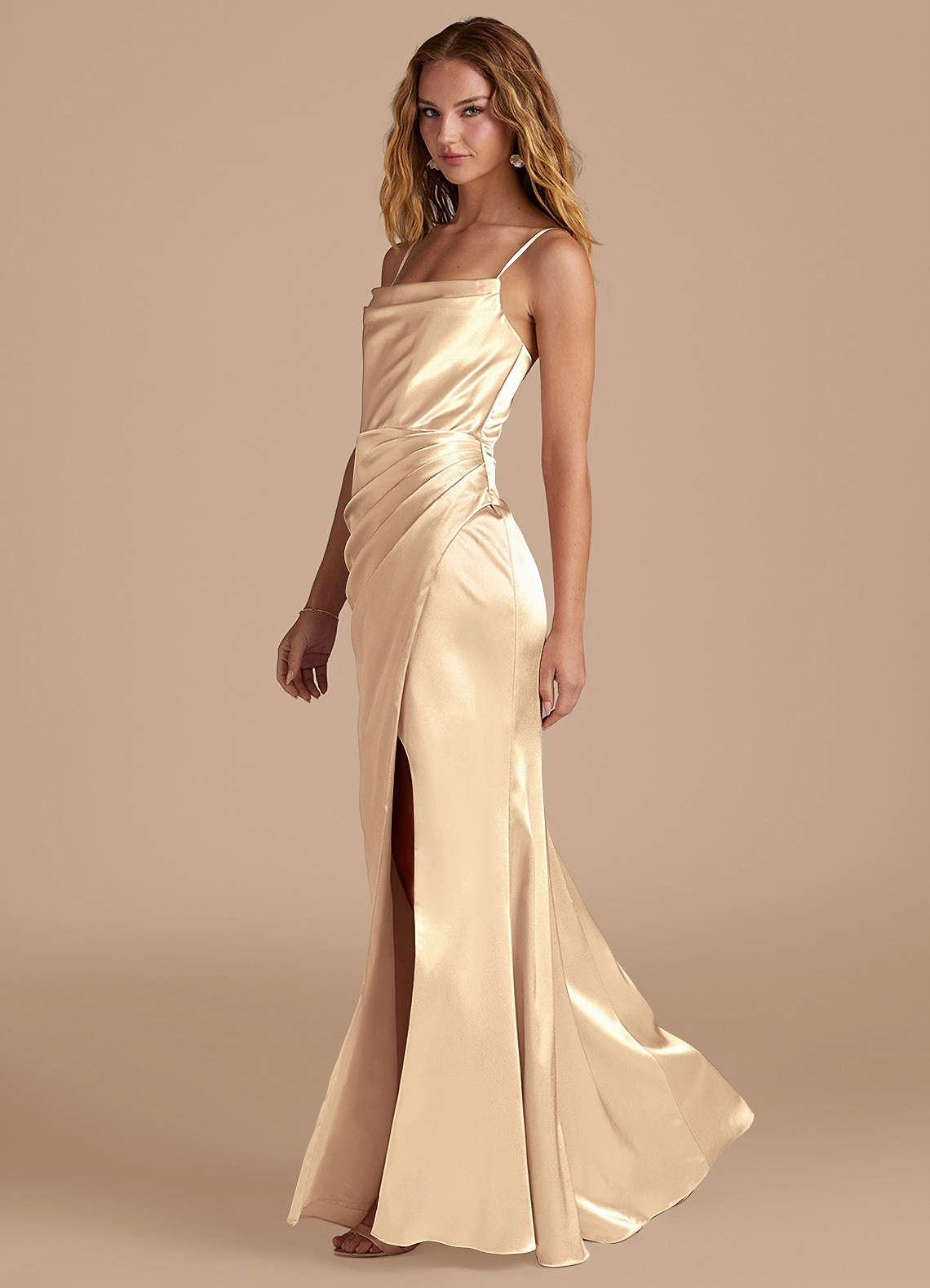 Marzia Mermaid Square-Neck Metallic Satin Bridesmaid Dress in Gold