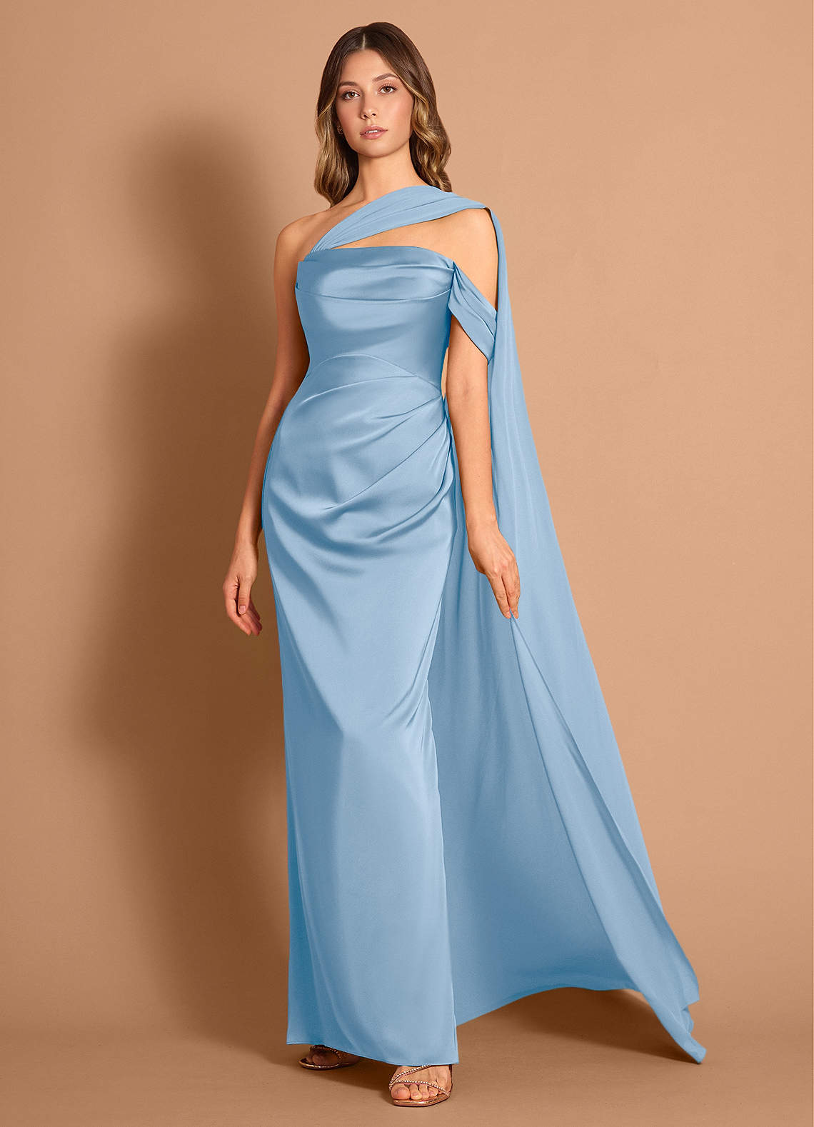Meliora Asymmetric Strapless Chiffon-Drape Stretch Satin Evening Dress in Haze Pink