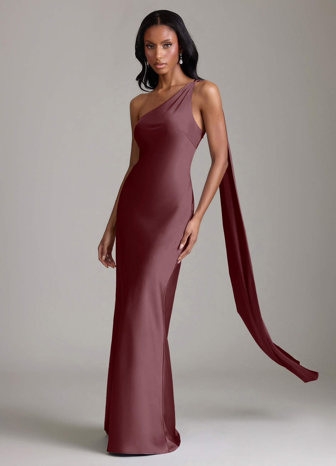 Juniper Mermaid One-Shoulder Stretch Satin Bridesmaid Dress in Sangria
