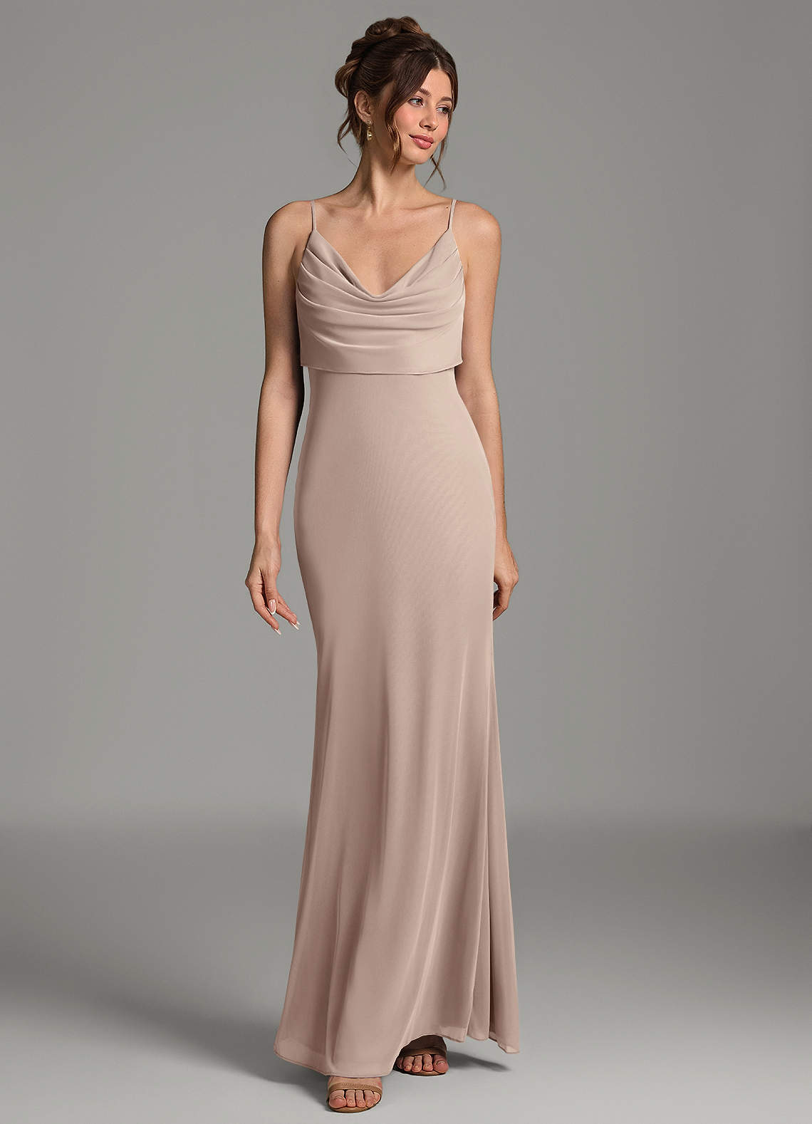 Zari Mermaid Cowl-Neck Mesh Bridesmaid Dress in Taupe