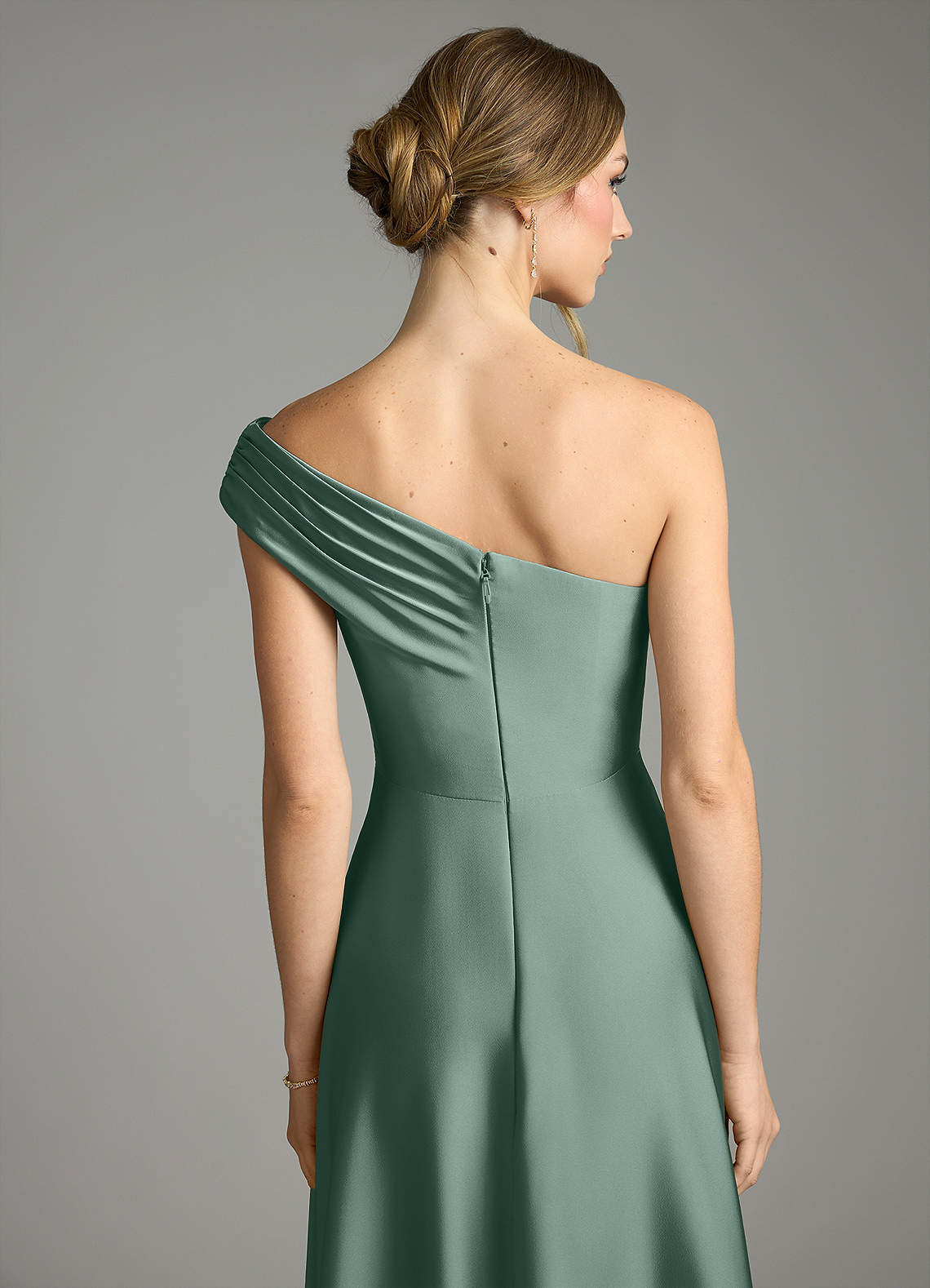 Melanie A-Line One-Shoulder Stretch Satin Bridesmaid Dress in Eucalyptus