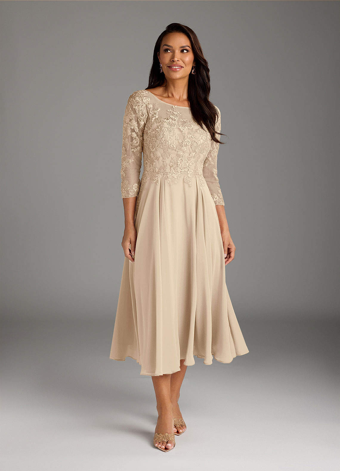 Marge A-Line Scoop-Neck Chiffon and Lace Mother of the Bride Dress in taupe