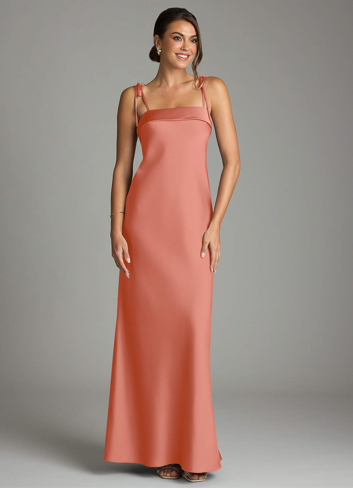 Ellia Sheath Straight-Neck Stretch Satin Bridesmaid Dress in Salmon Pink