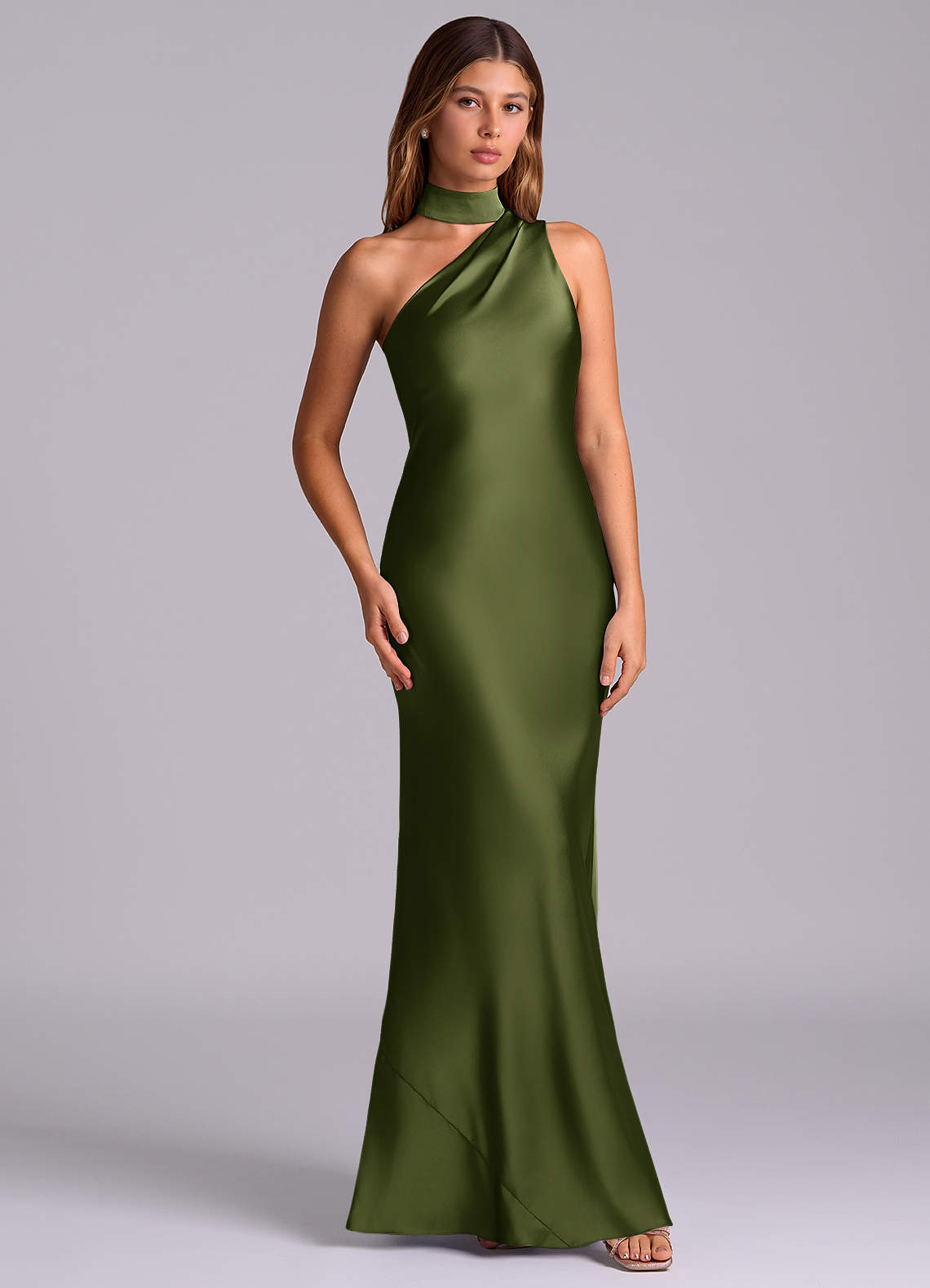 Seona Mermaid One-Shoulder Stretch Satin and Tulle Bridesmaid Dress in Olive