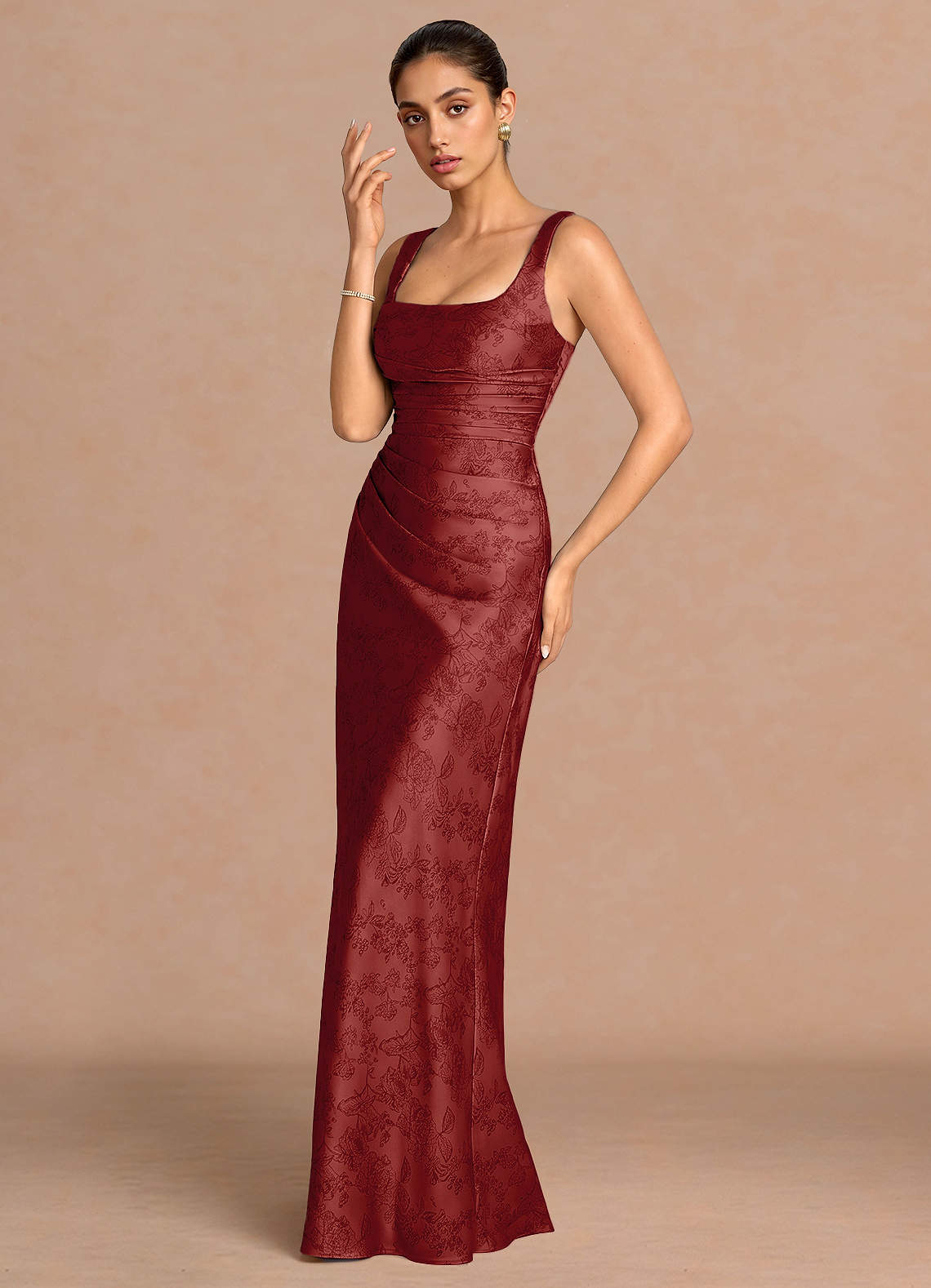 Agustina Square-Neck Pleated Jacquard Evening Dress in Orange Red