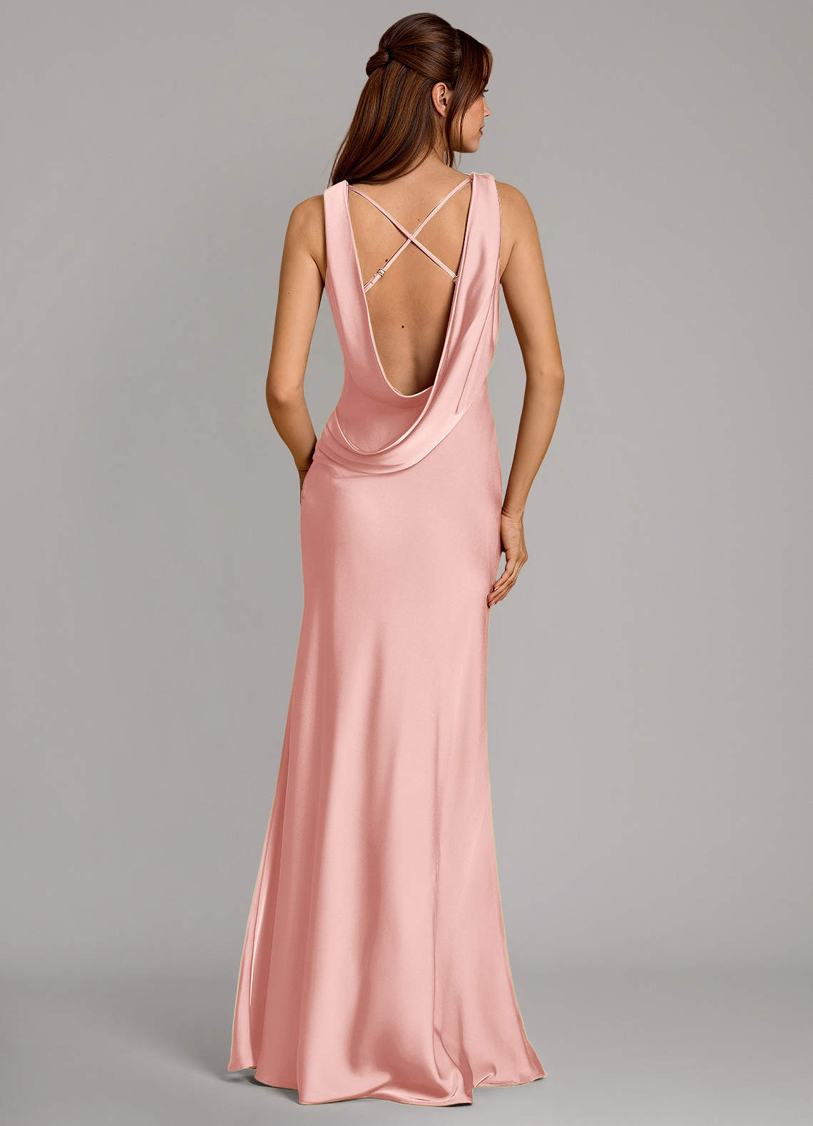 Cheryl Mermaid Cowl-Neck Stretch Satin Bridesmaid Dress in Powder Pink