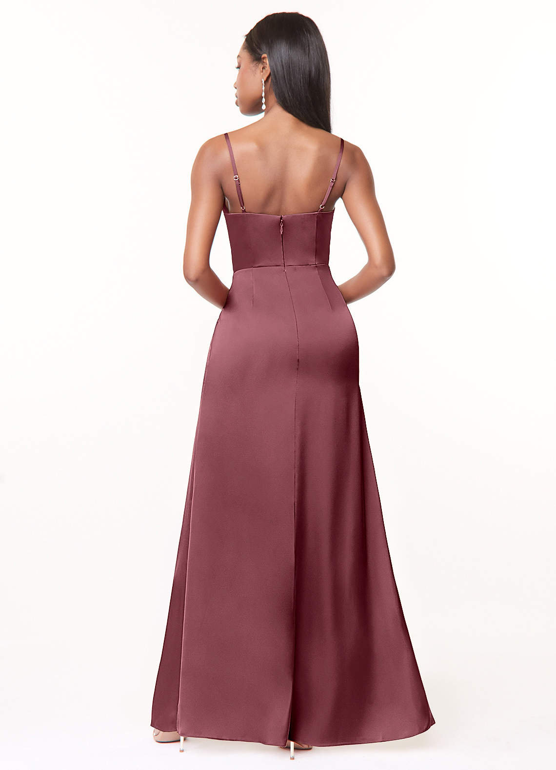 Maci A-Line V-Neck Stretch Satin Bridesmaid Dress in Desert Rose