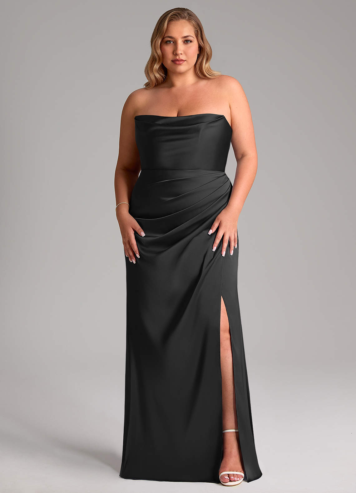 Leonis Mermaid Cowl-Neck Stretch Satin Bridesmaid Dress in black