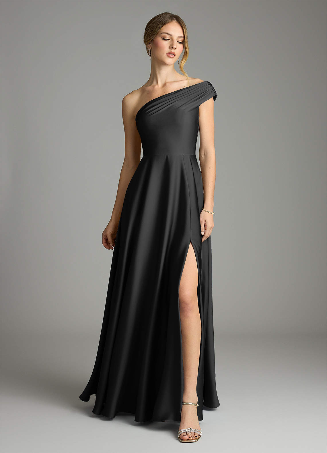 Melanie A-Line One-Shoulder Stretch Satin Bridesmaid Dress in black