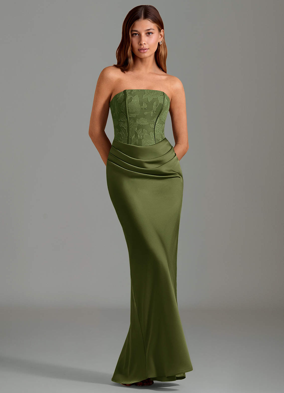 Emilia Mermaid Strapless Stretch Satin and Floral Burnout Bridesmaid Dress in Olive
