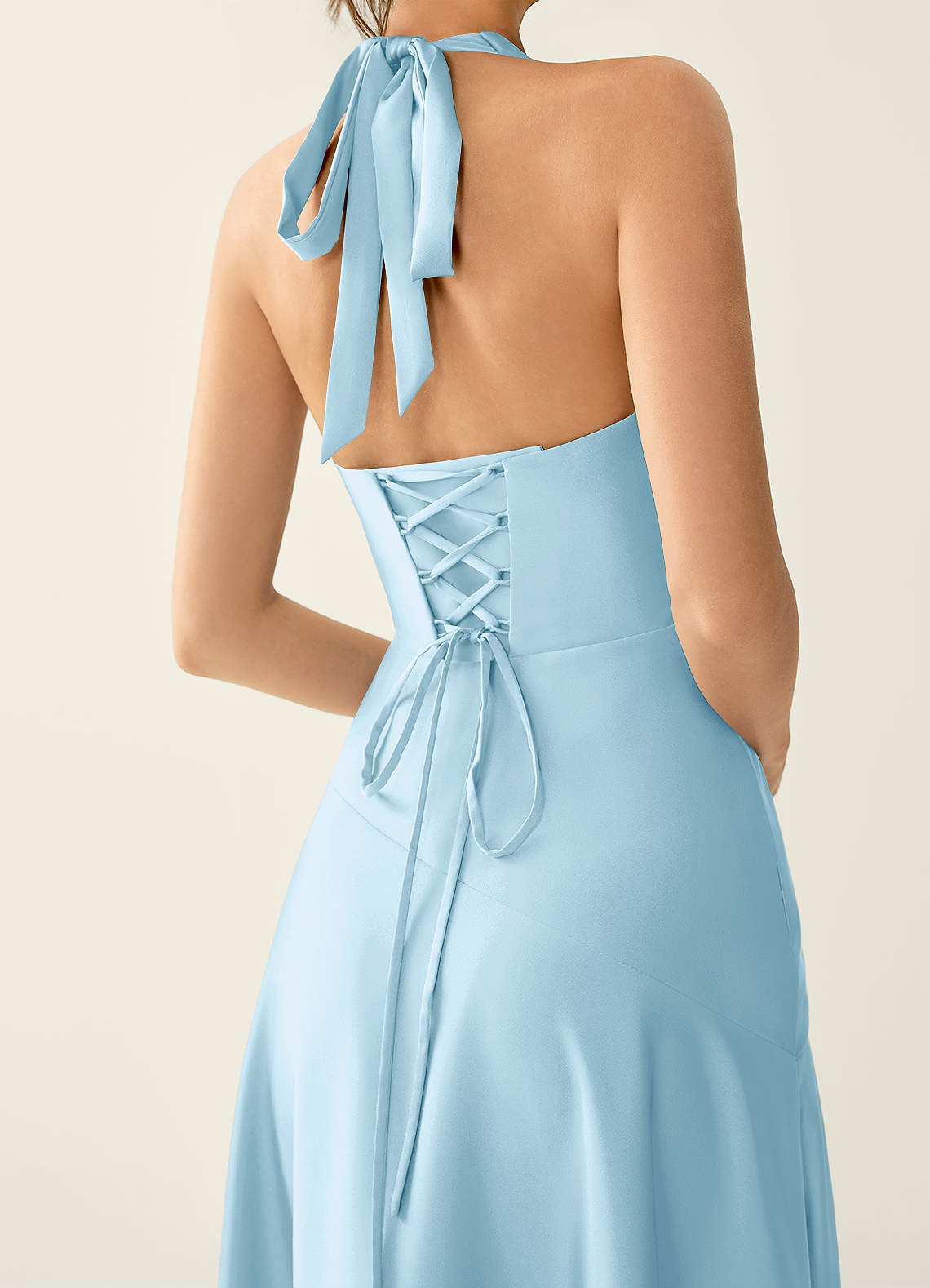 Titania Halter Asymmetric-Ruffle Satin Evening Dress in Sky Blue