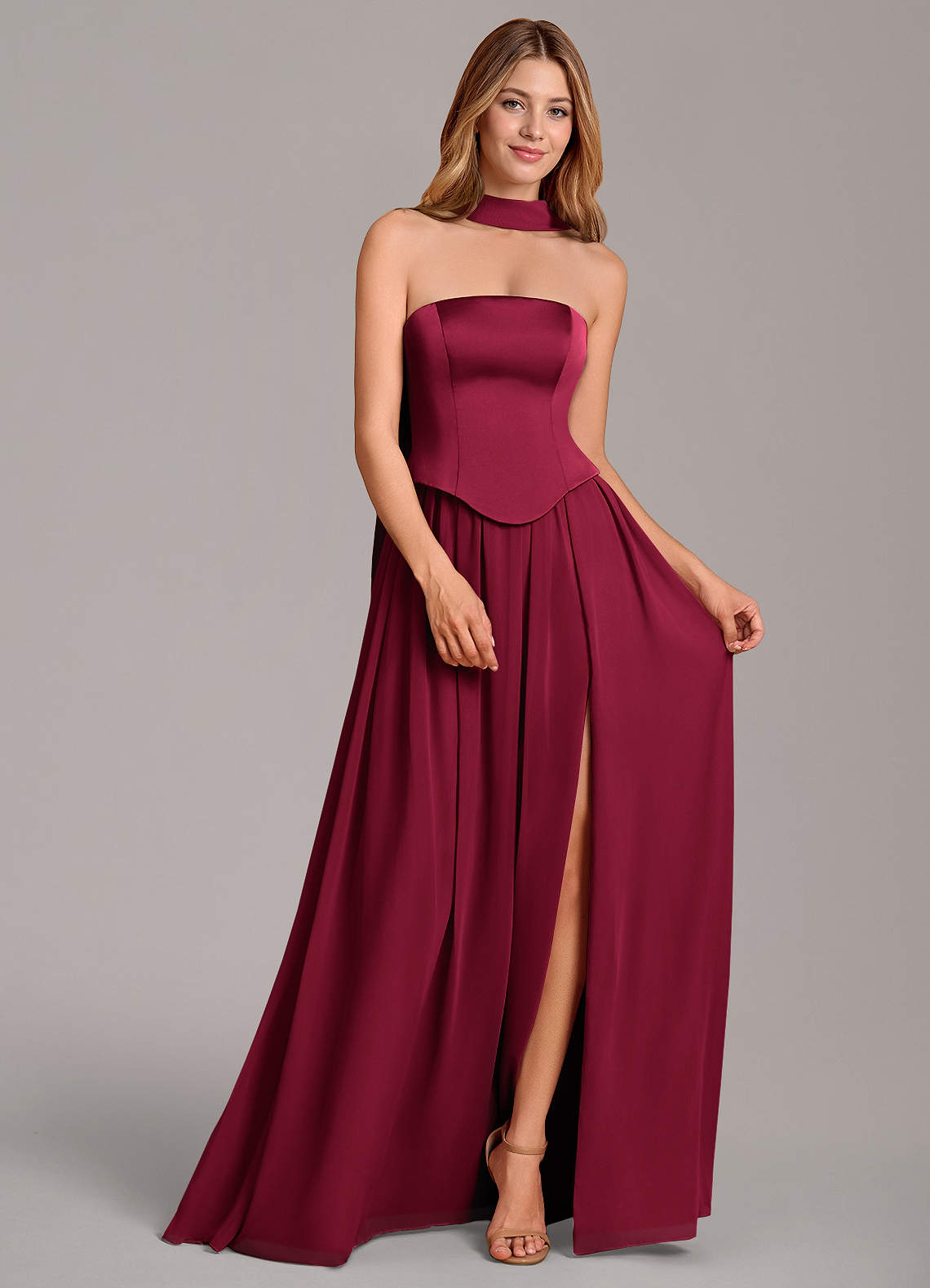 Cadence A-Line Strapless Chiffon and Stretch Satin Bridesmaid Dress in Burgundy