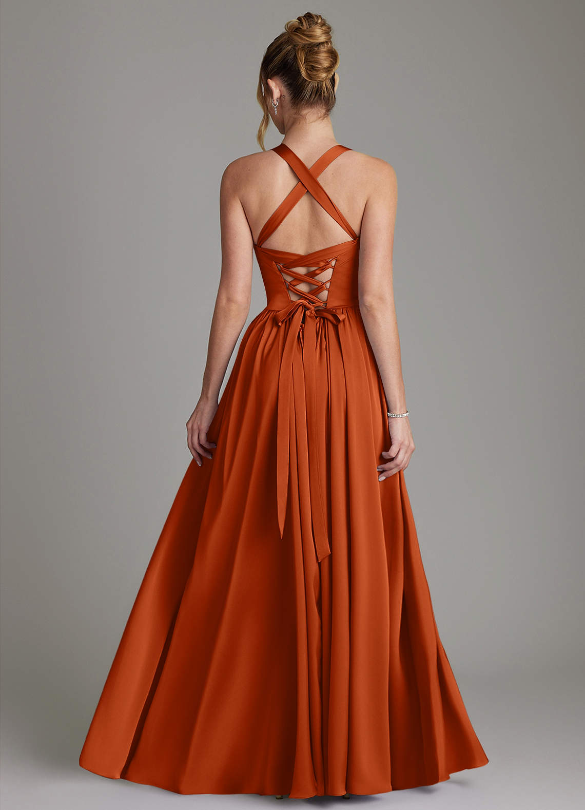 Francis A-Line V-Neck Stretch Satin Bridesmaid Dress in Burnt Orange