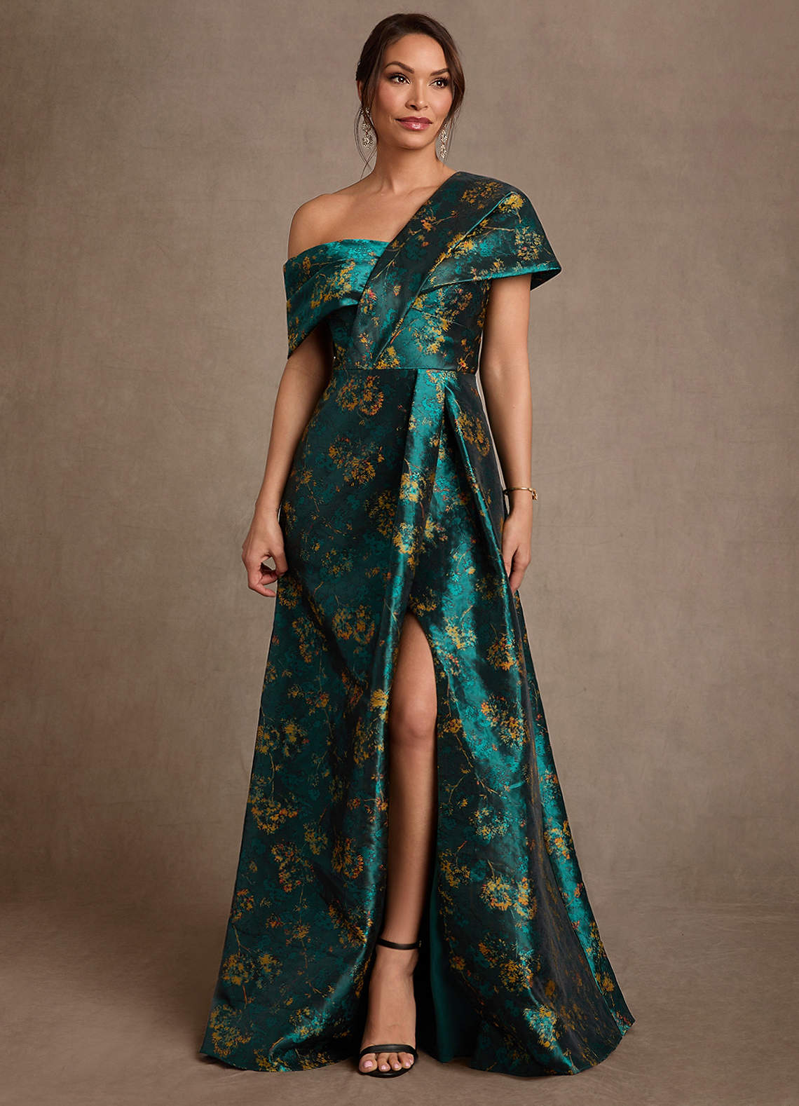 Nonie A-Line Off-the-Shoulder Jacquard Mother of the Bride Dress in Deep Green