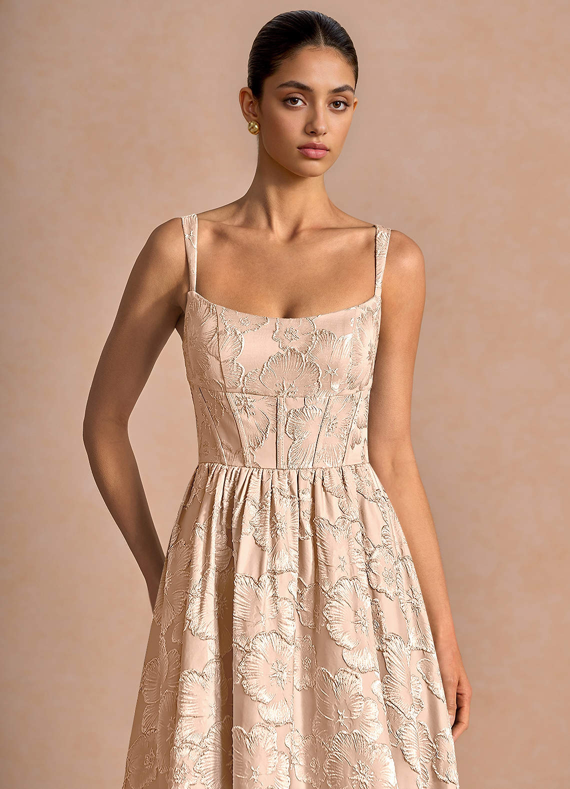 Julietteh A-Line Strappy Jacquard Taffeta Evening Dress in Vintage Blush