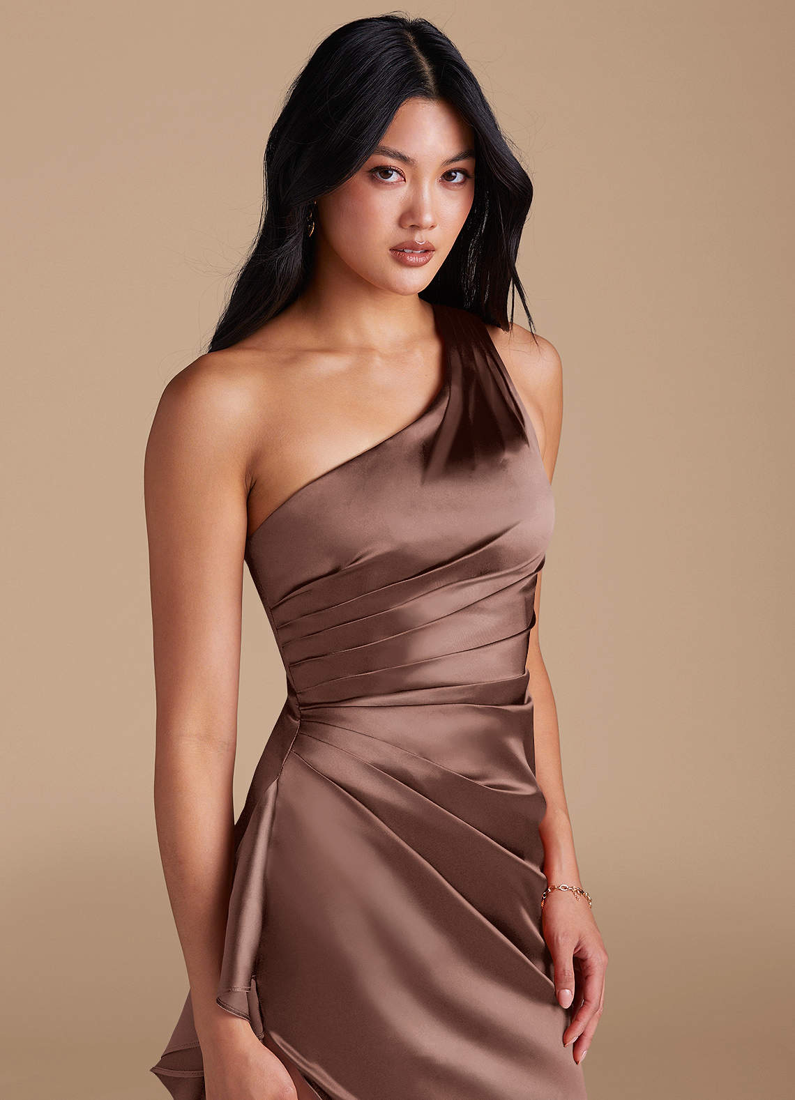Latrice Sheath One-Shoulder Metallic Satin Bridesmaid Dress in Espresso