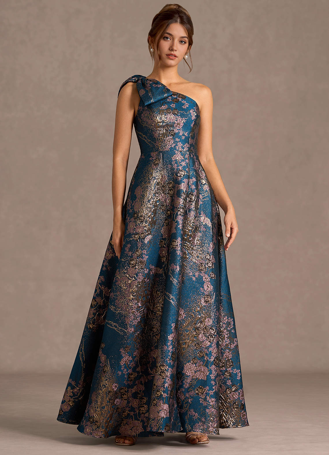 Jonelle A-Line One-Shoulder Metallic Jacquard Evening Dress in Mocha Coco
