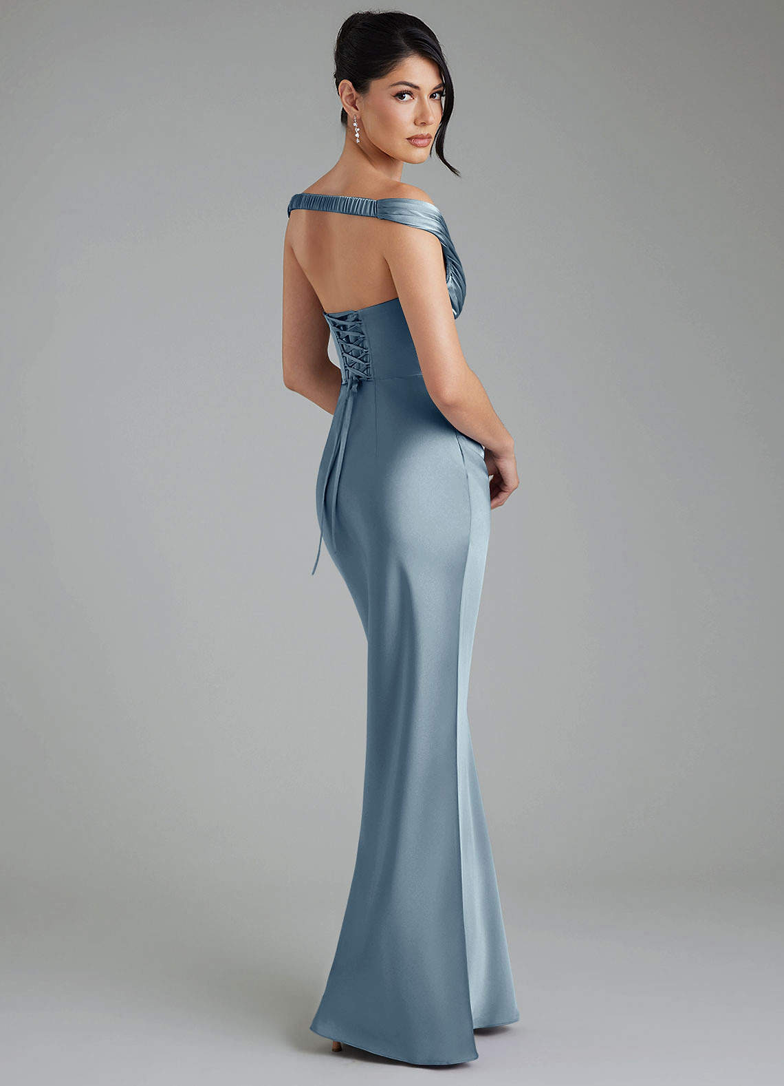 Stella Sheath V-Neck Stretch Satin Bridesmaid Dress in dusty blue