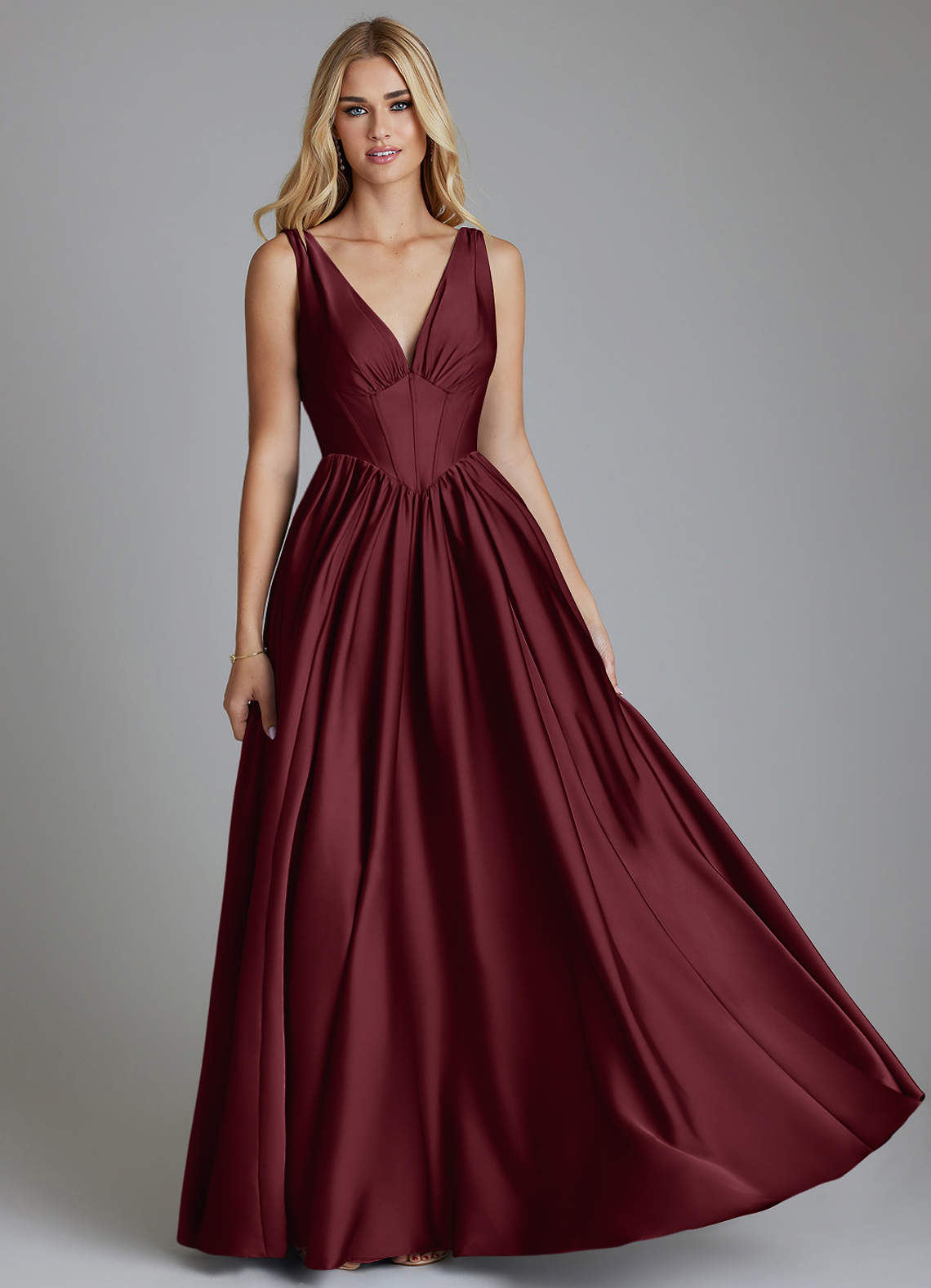 Delmie A-Line V-Neck Stretch Satin Bridesmaid Dress in Cabernet