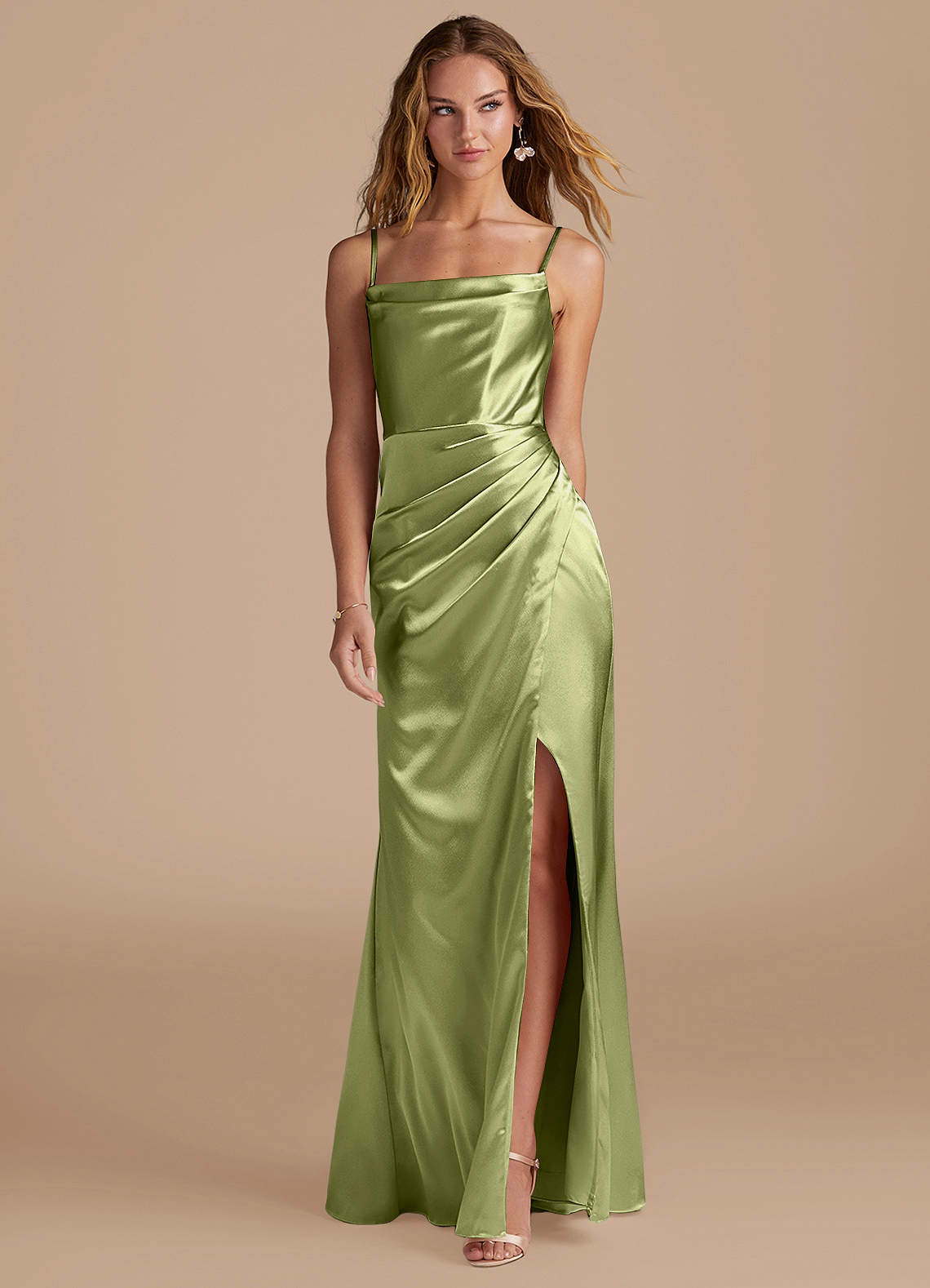 Marzia Mermaid Square-Neck Metallic Satin Bridesmaid Dress in Pistachio