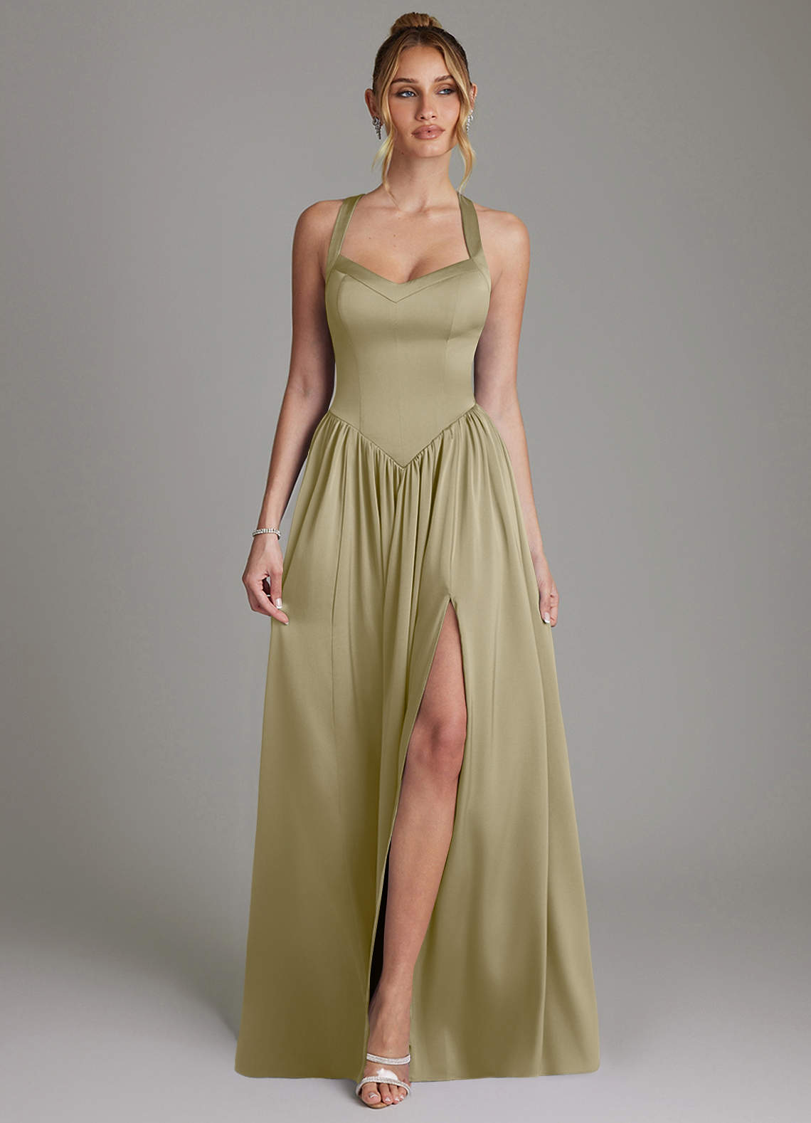 Francis A-Line V-Neck Stretch Satin Bridesmaid Dress in Moss Green