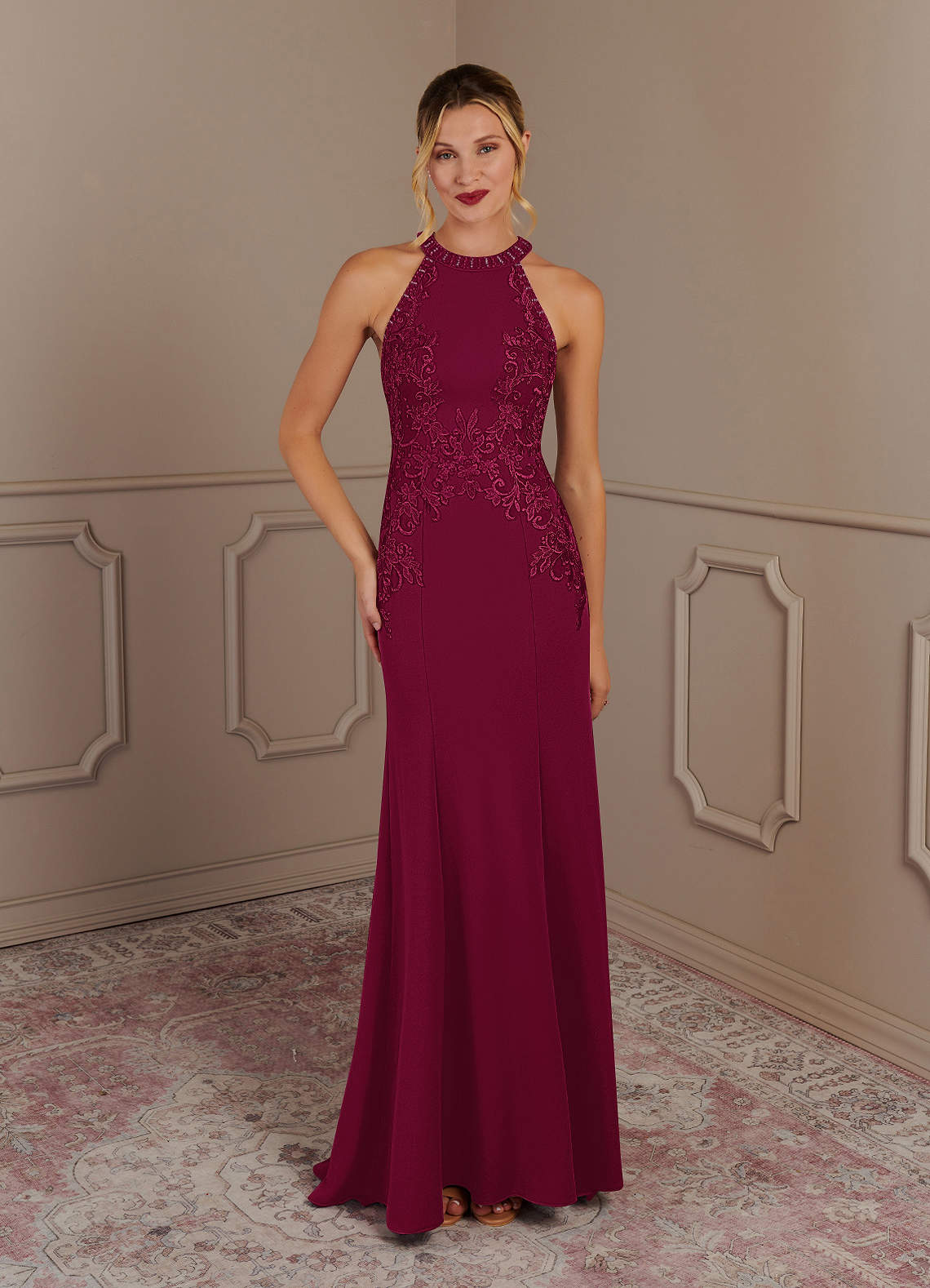 Tyra Mermaid Halter Tulle and Stretch Crepe Mother of the Bride Dress in Burgundy