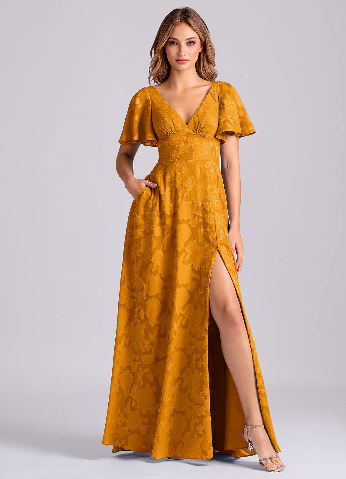 Kimber A-Line V-Neck Floral Burnout Bridesmaid Dress in butterscotch