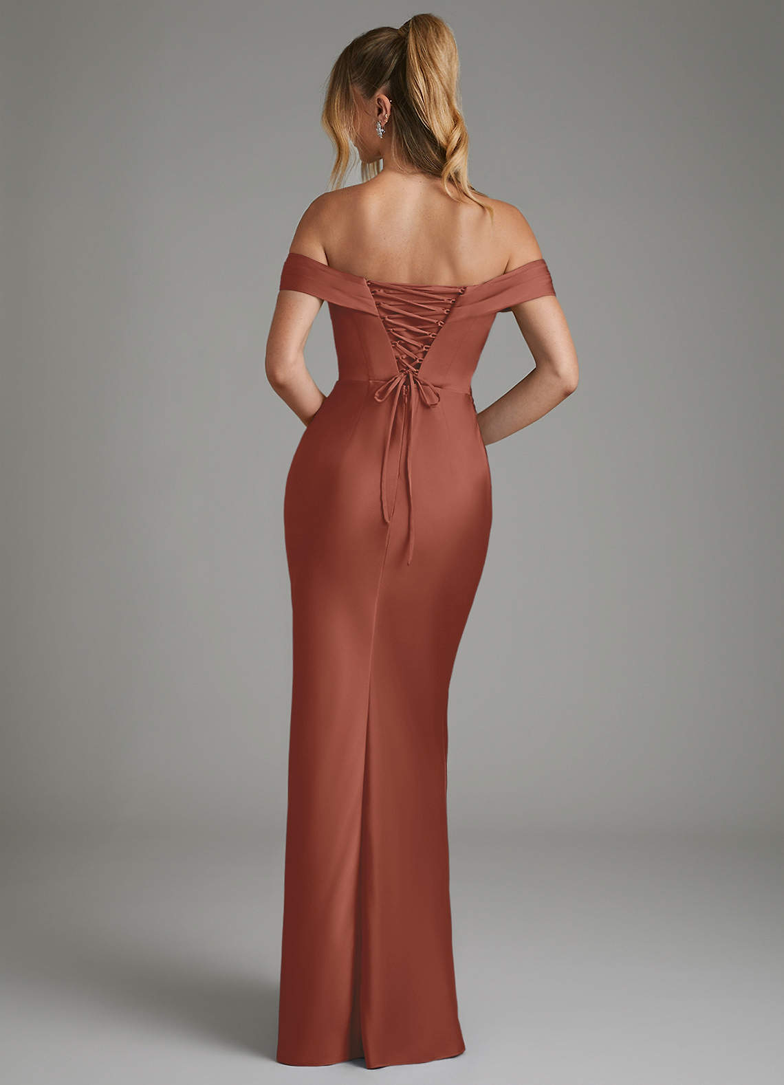 Hayden Mermaid Off-the-Shoulder Stretch Satin Bridesmaid Dress in Auburn