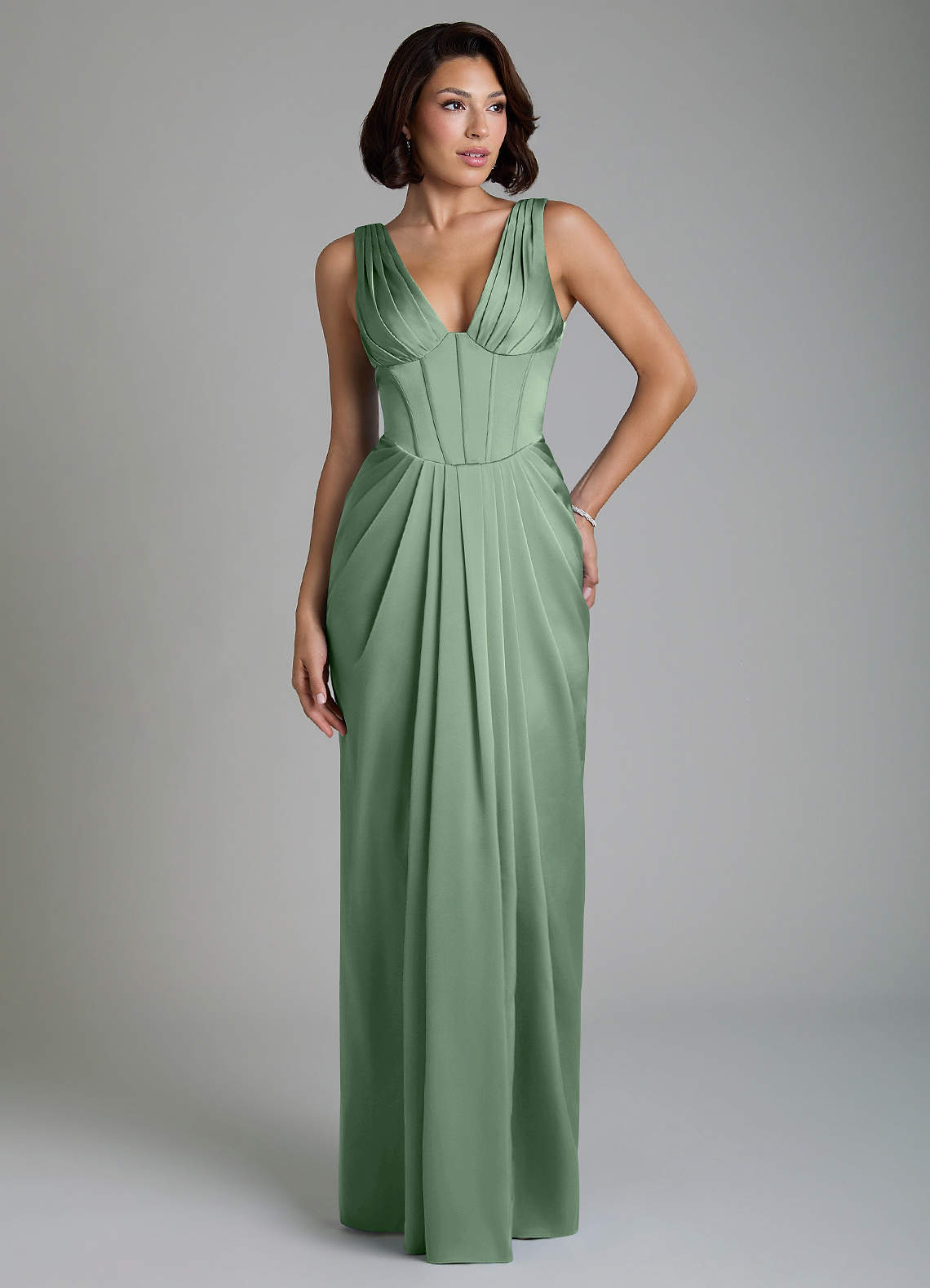 Vanya Sheath V-Neck Stretch Satin Bridesmaid Dress in Matcha