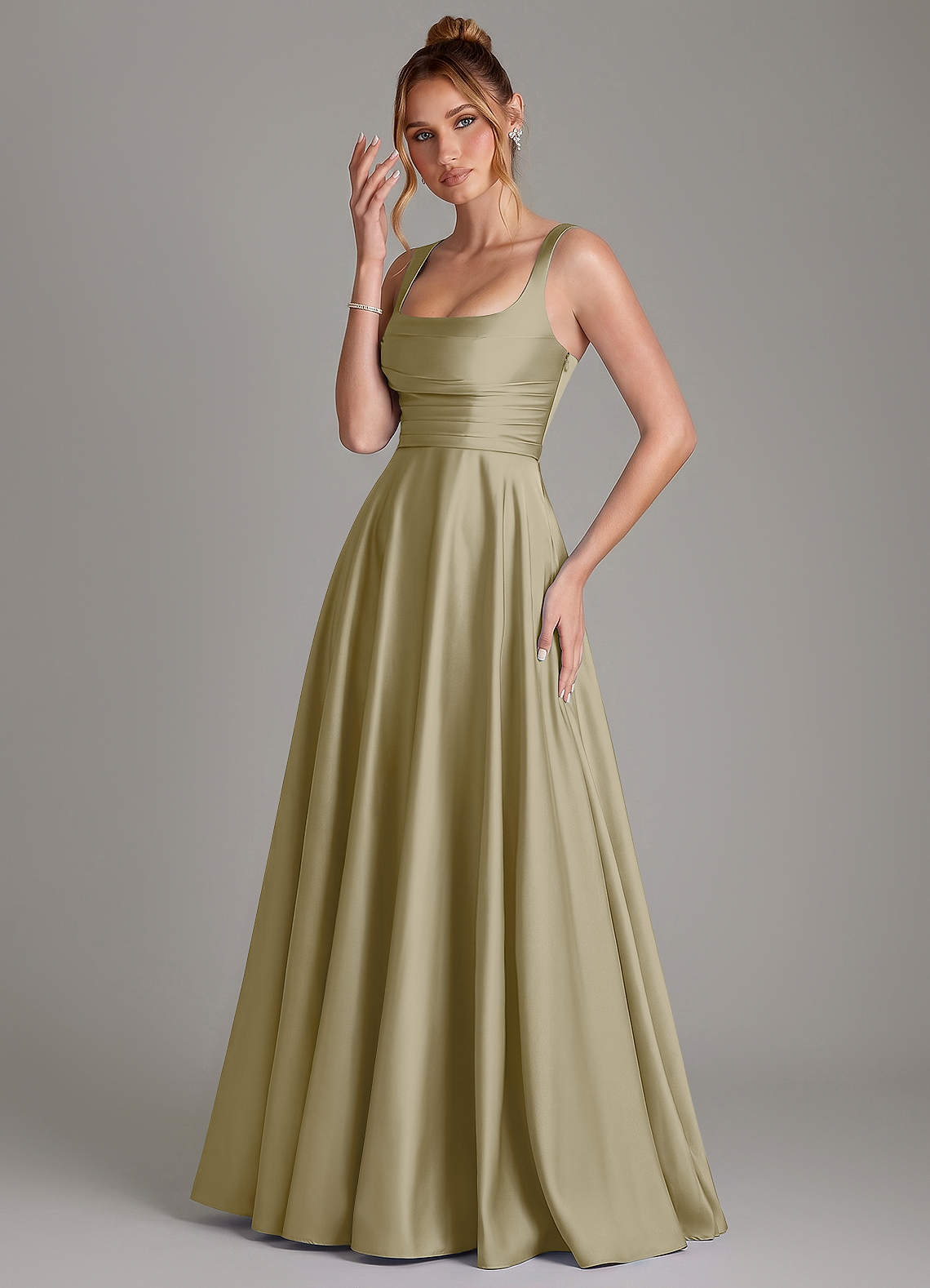 Azaria A-Line Square-Neck Stretch Satin Bridesmaid Dress in Moss Green
