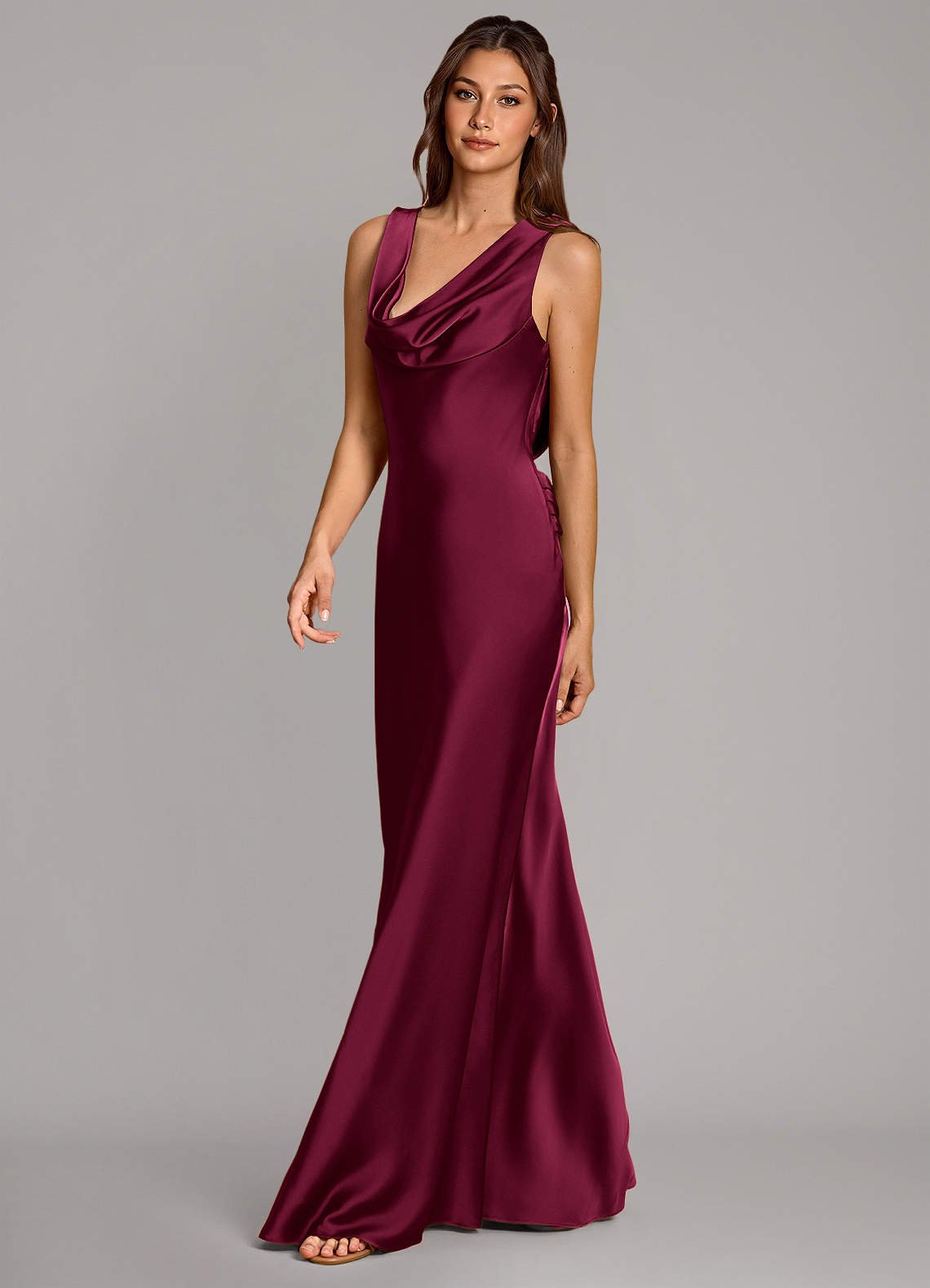 Cheryl Mermaid Cowl-Neck Stretch Satin Bridesmaid Dress in Burgundy