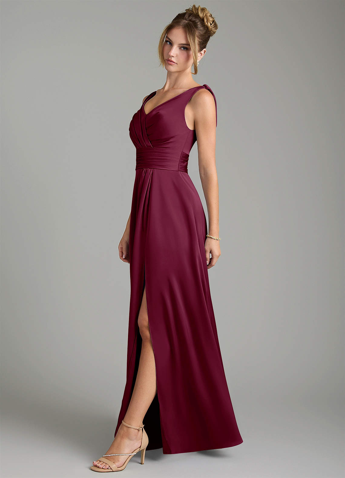 Karina A-Line V-Neck Stretch Satin Bridesmaid Dress in Mulberry