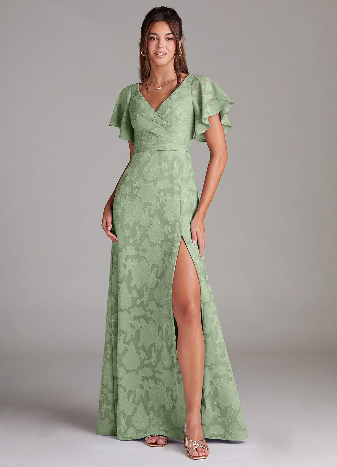 Ambrosia A-Line V-Neck Floral Burnout Bridesmaid Dress in Dusty Sage