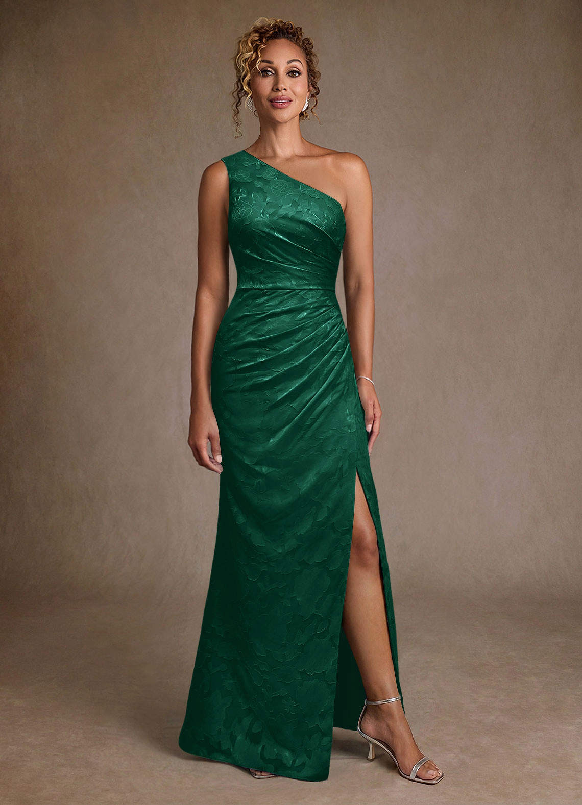 Joylin Trumpet One-Shoulder Floral Burnout Mother of the Bride Dress in Emerald