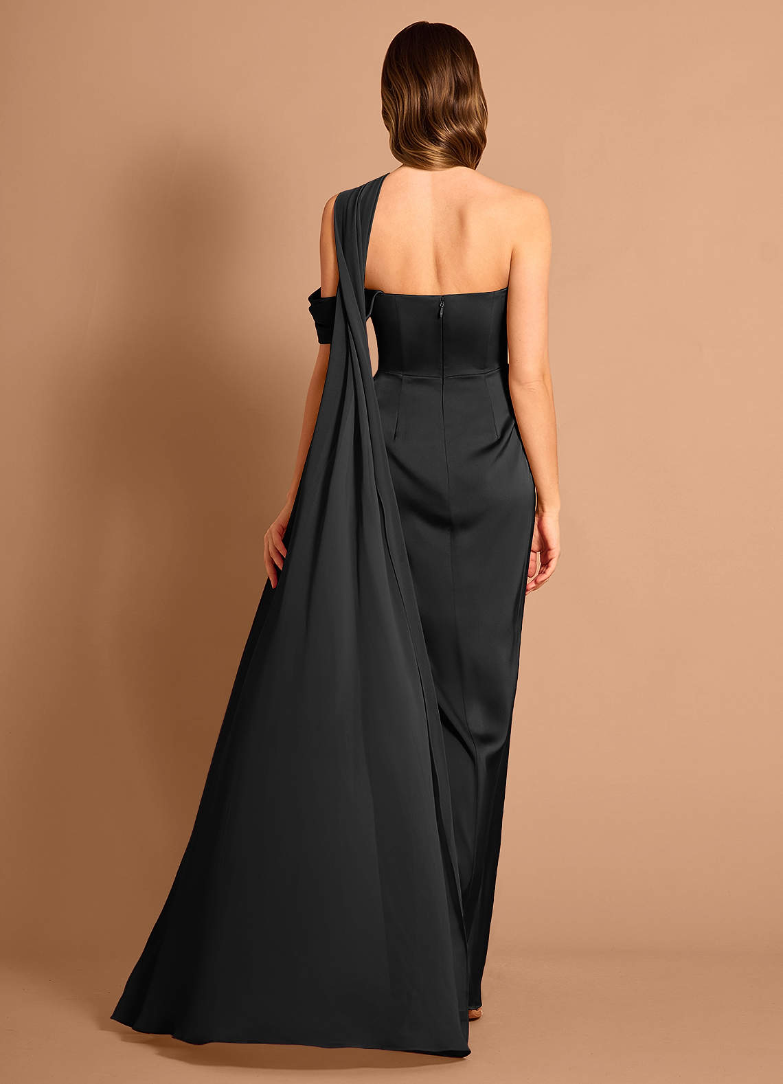 Meliora Asymmetric Strapless Chiffon-Drape Stretch Satin Evening Dress in black