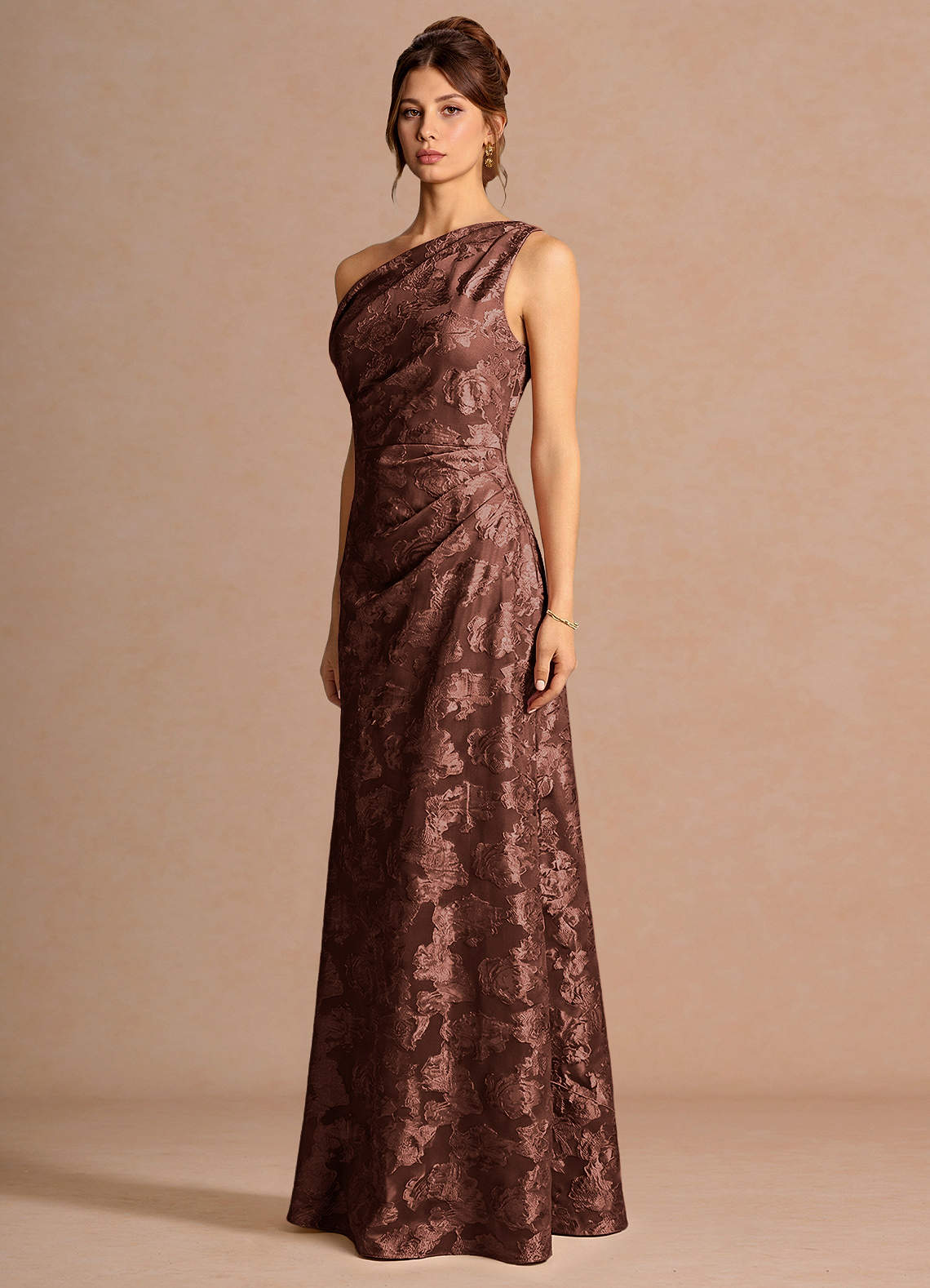 Kismet Mermaid One-Shoulder Fil Coupé Wedding Guest Dress in Mocha Coco