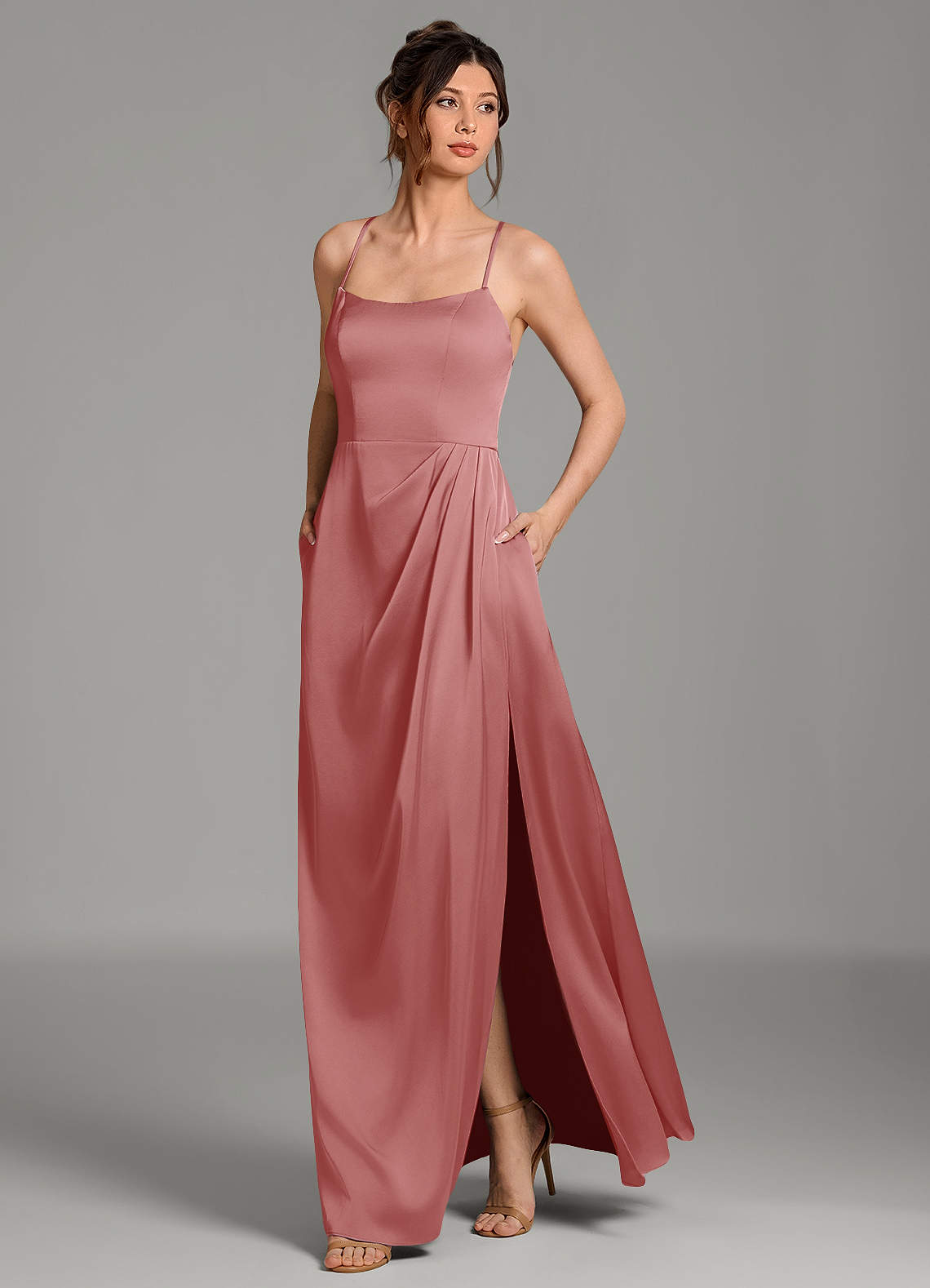 Frankie A-Line Scoop-Neck Stretch Satin Bridesmaid Dress in Antique Rose