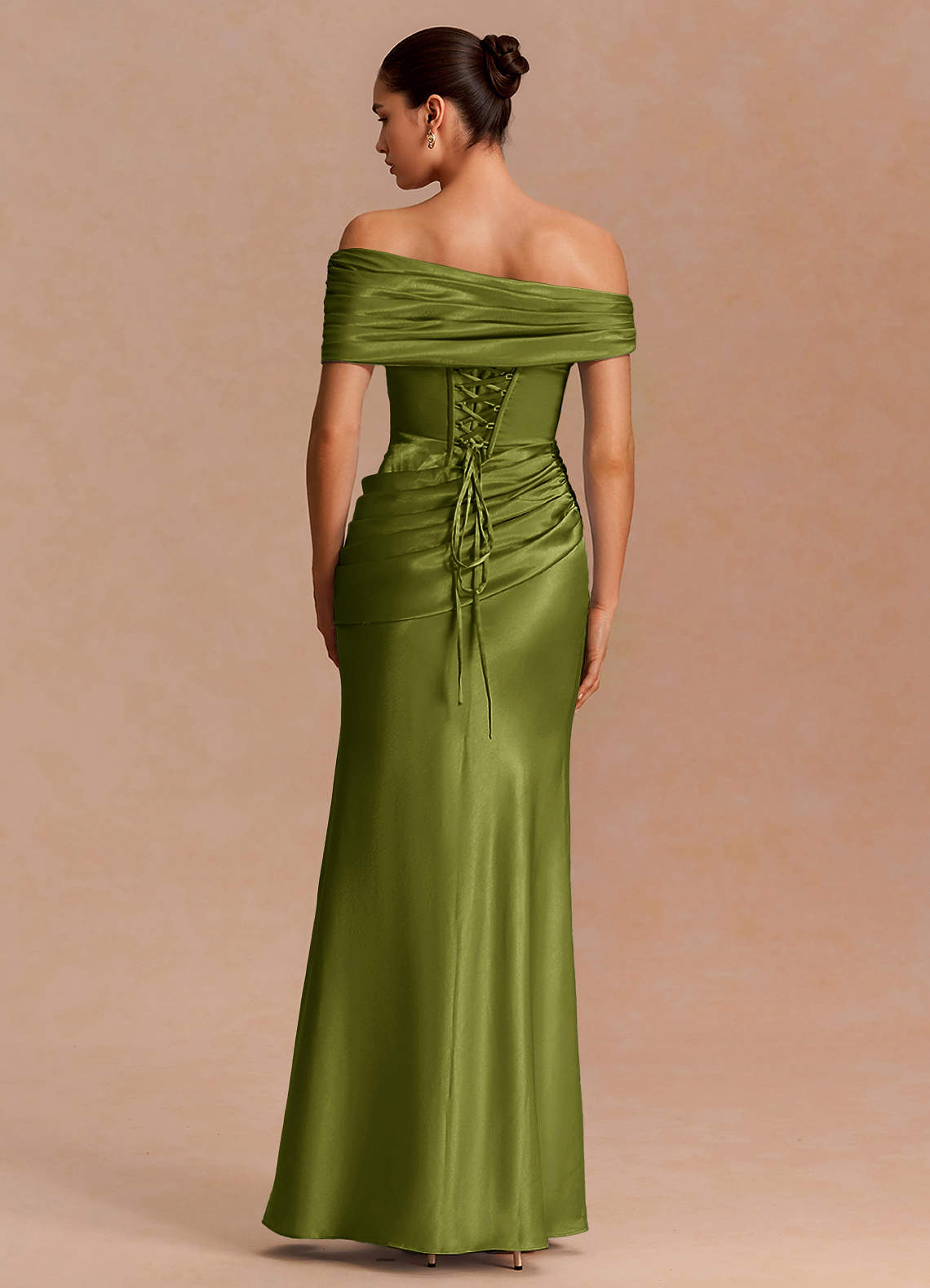 Leonie Strapless Draped-Shoulder Satin Evening Dress in Olive