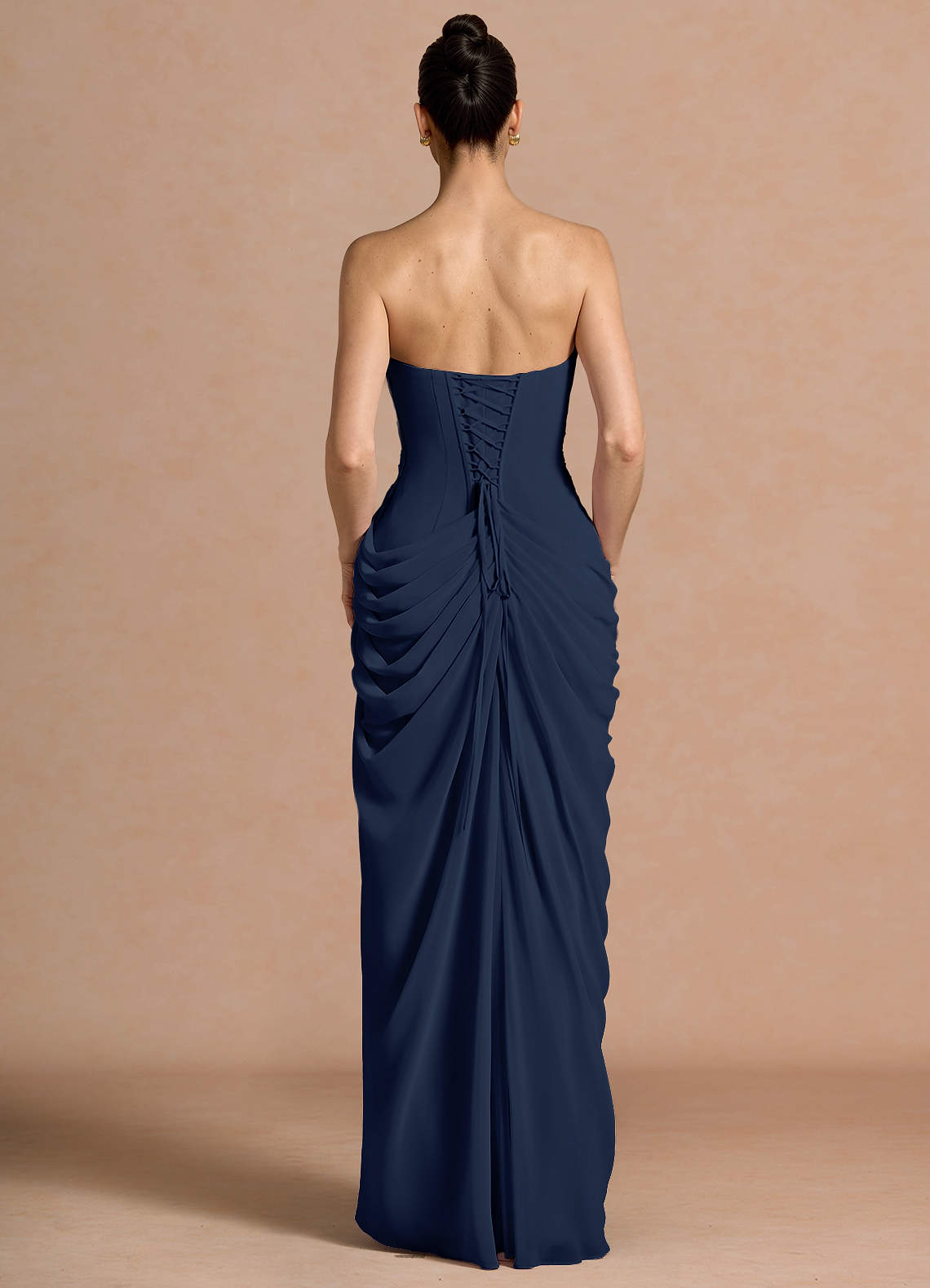 Kaavia Column Pleated Chiffon Maxi Evening Dress in Navy