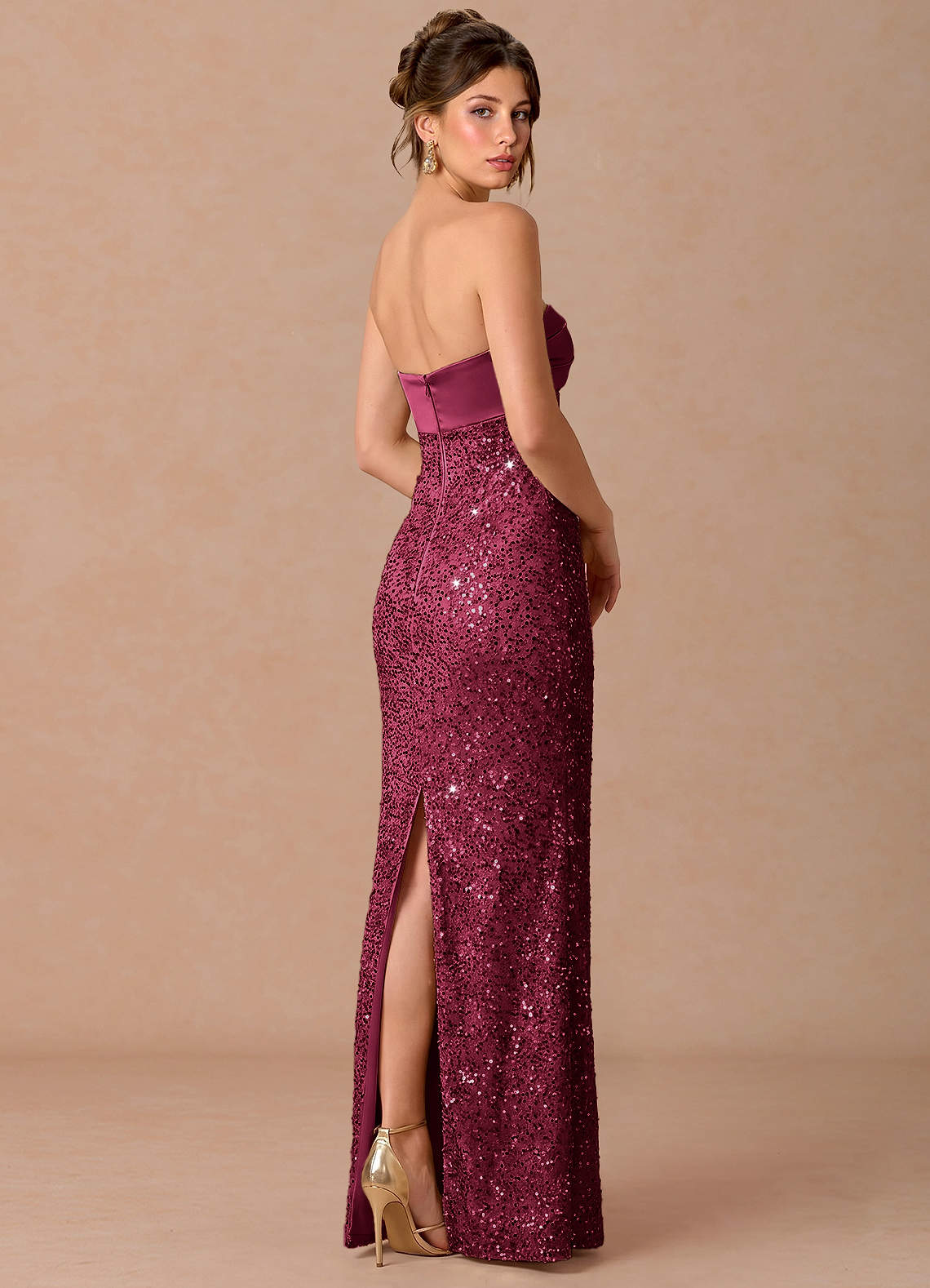Serelle A-Line Sweetheart Sequin Satin Evening Dress in Merlot