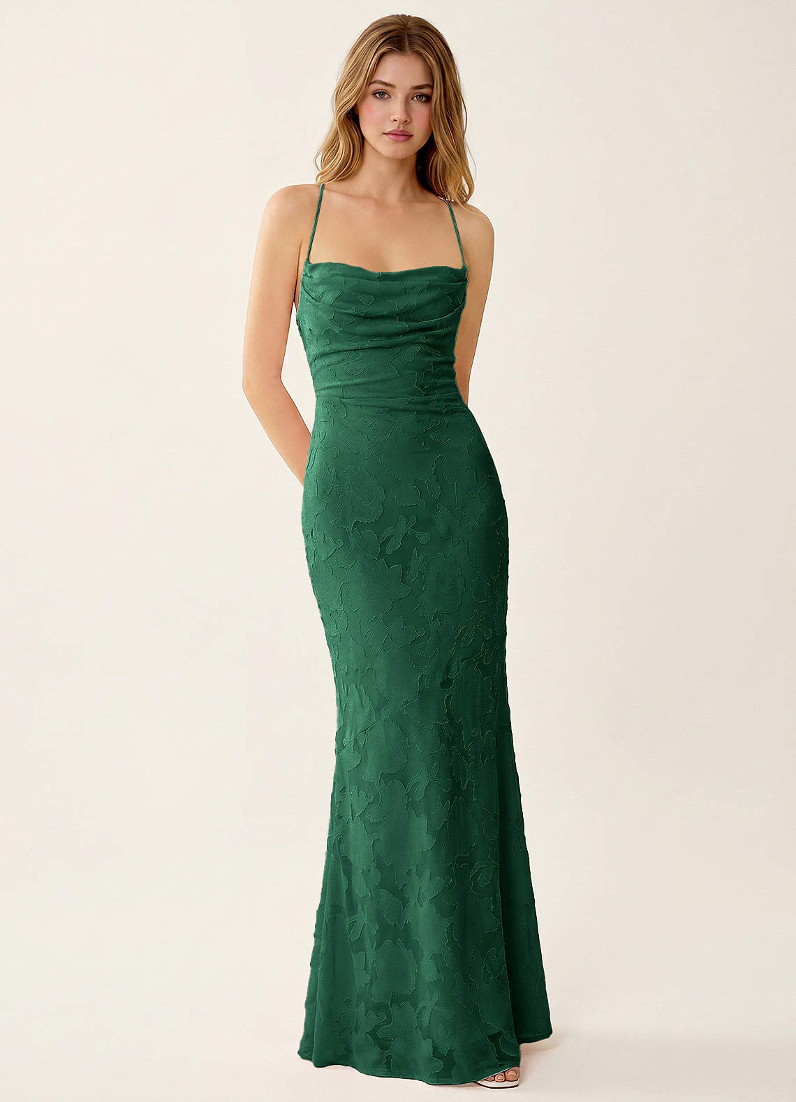 Natasha Mermaid Spaghetti-Strap Floral Burnout Evening Dress in Emerald Green