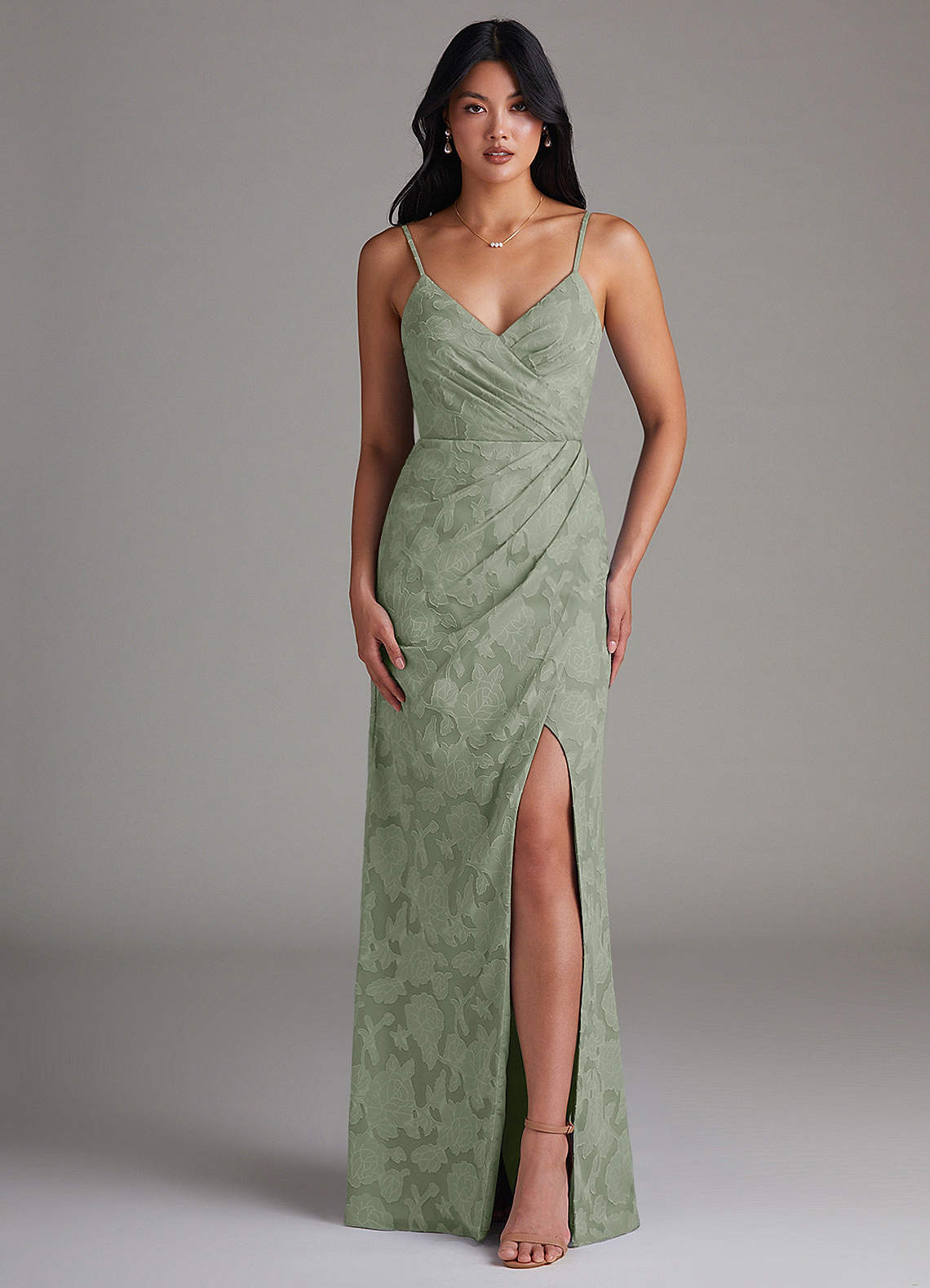 Maci Sheath V-Neck Floral Burnout Bridesmaid Dress in Agave
