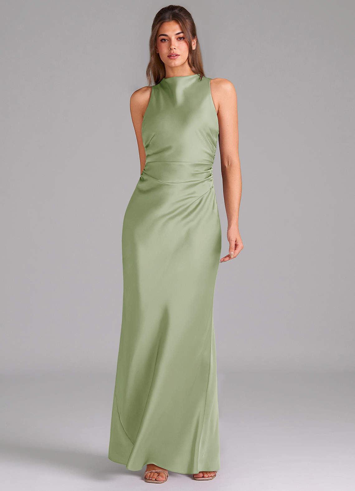 Evadne Sheath Scoop-Neck Stretch Satin Bridesmaid Dress in Dusty Sage