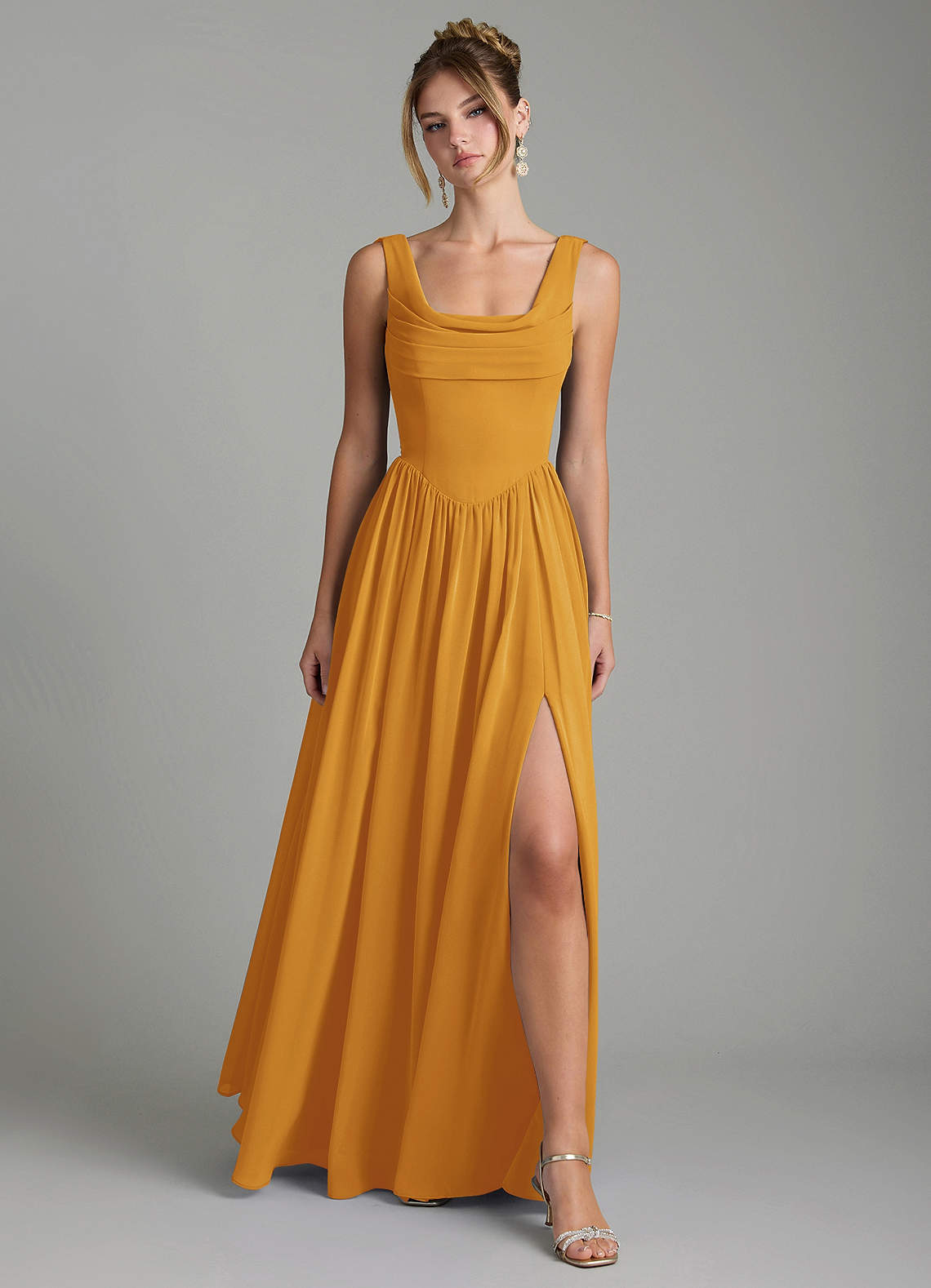 Novi A-Line Square-Neck Chiffon Bridesmaid Dress in butterscotch