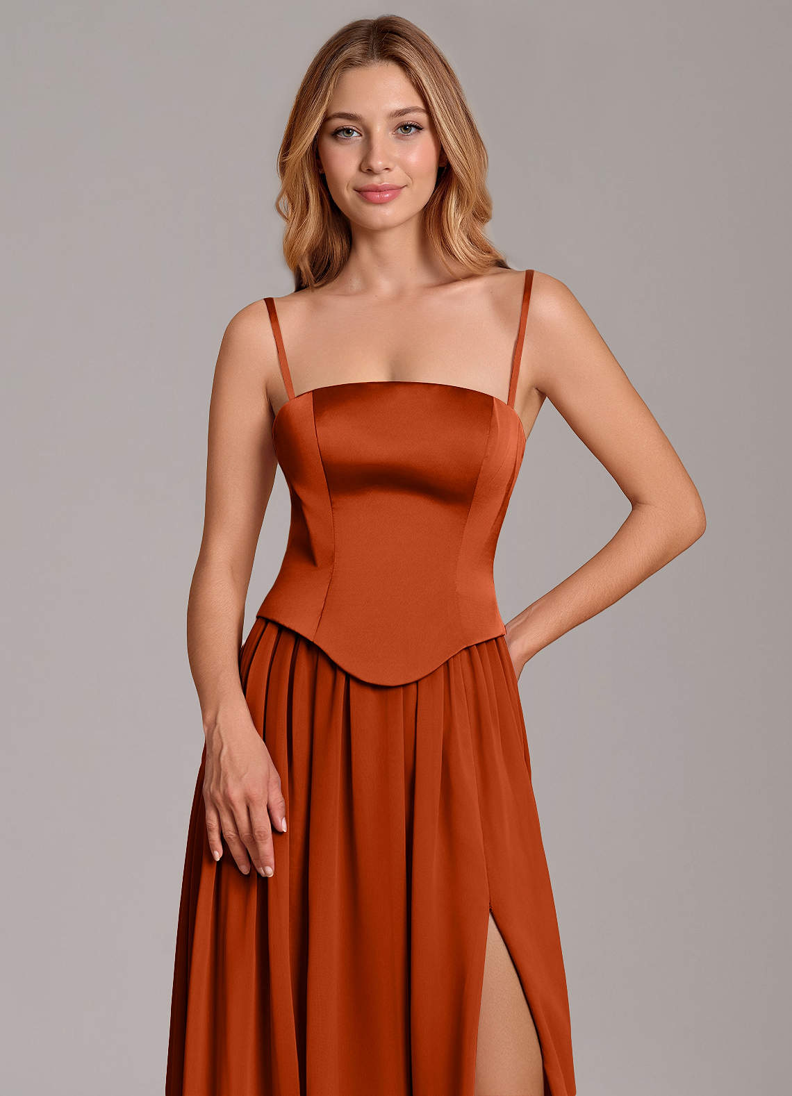 Cadence A-Line Strapless Chiffon and Stretch Satin Bridesmaid Dress in Paprika