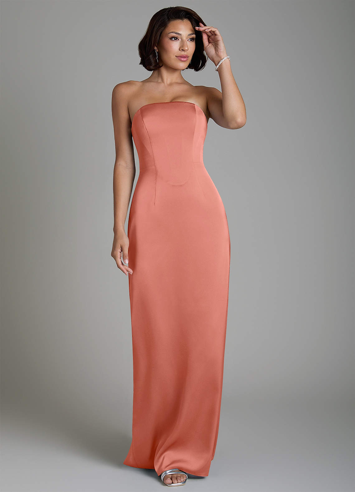 Fallyn Sheath Strapless Stretch Satin Bridesmaid Dress in Salmon Pink