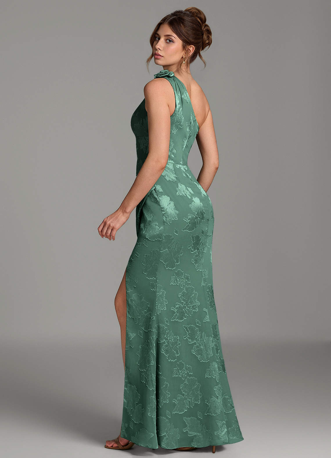 Yanie Mermaid One-Shoulder Jacquard Bridesmaid Dress in Eucalyptus