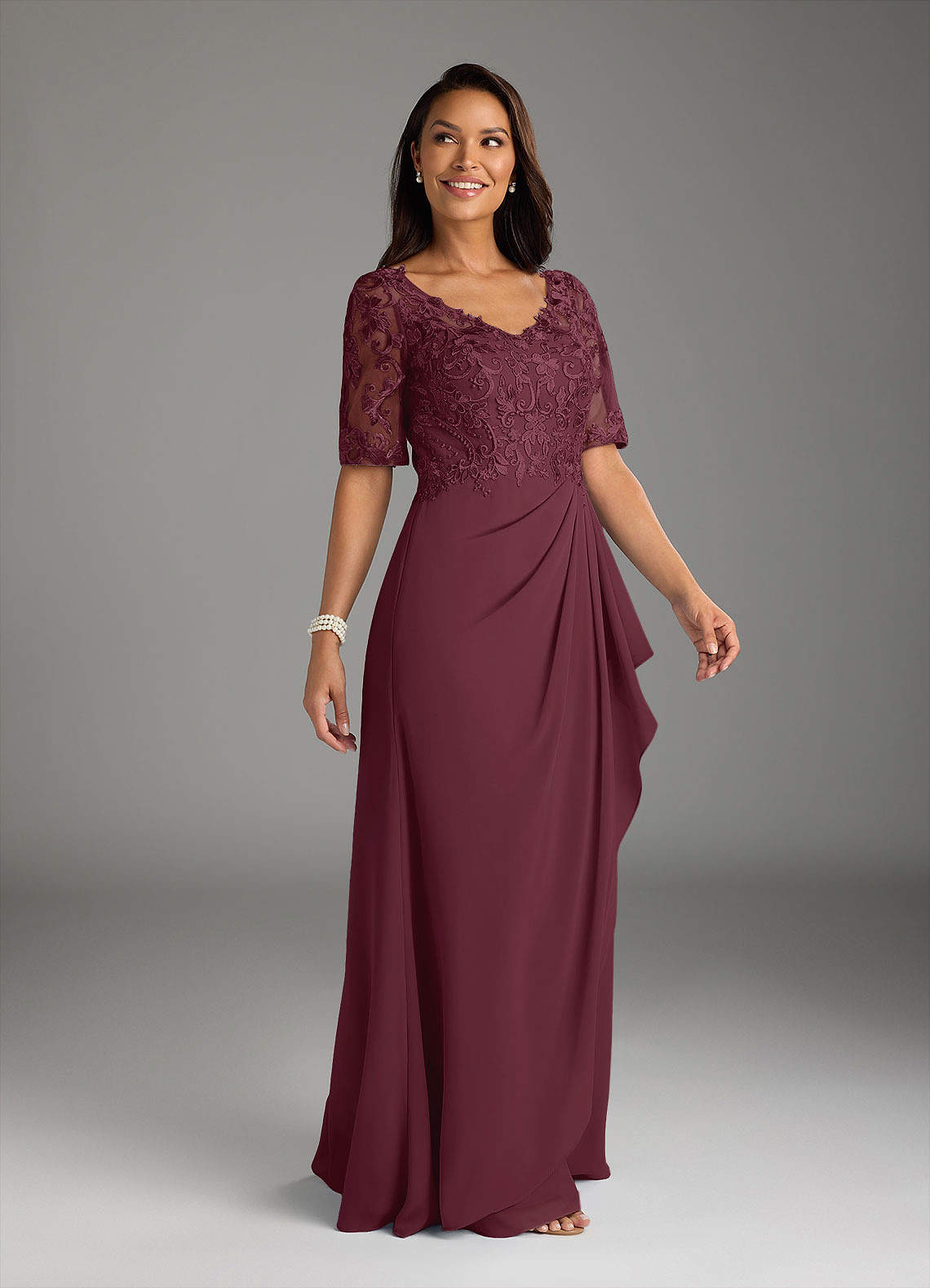Amedeus A-Line V-Neck Chiffon and Lace Mother of the Bride Dress in Cabernet